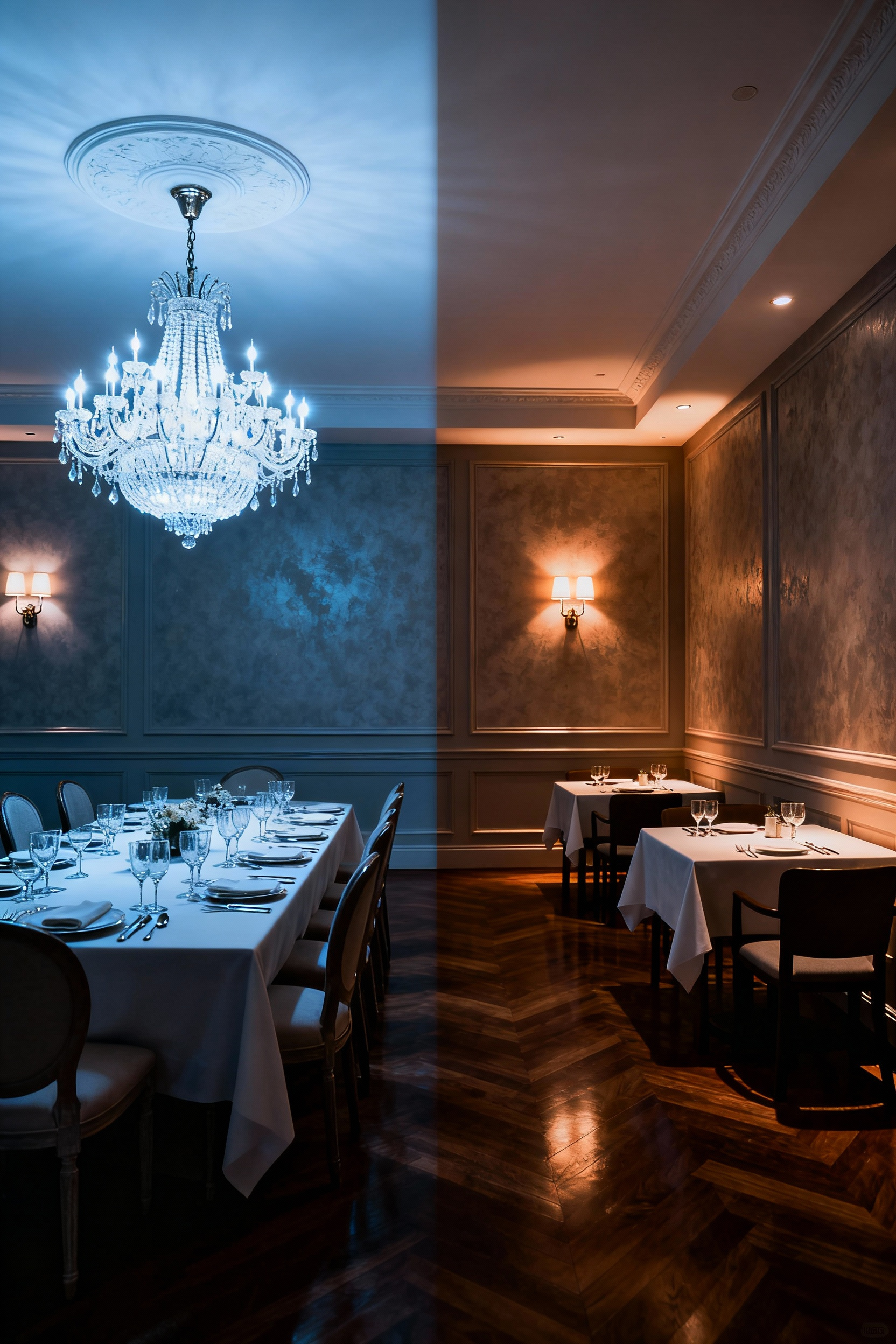 A formal dining room transitioning to a casual dining room ambiance with automated smart lighting scenes, featuring elegant chandeliers, recessed lighting, and wall sconces.