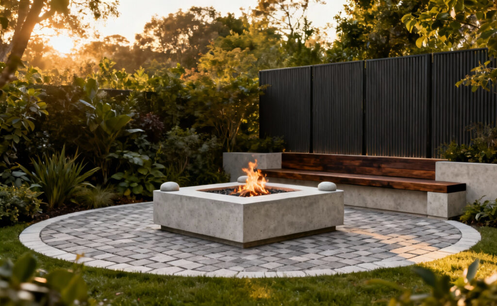 A beautifully integrated backyard firepit area, strategically placed for optimal ambiance and safety, featuring natural stone seating and lush landscaping, under soft evening light.