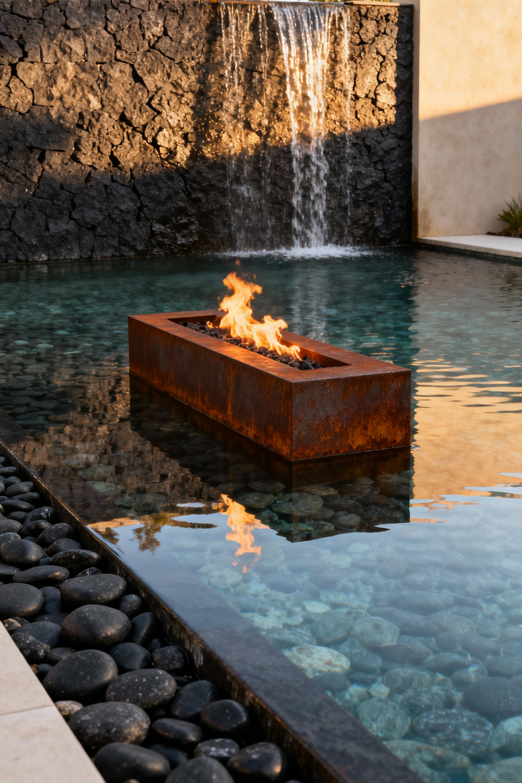 Luxury backyard fire and water feature, modern hydronic firepit design, weathered steel fire trough in a reflective pool, cascading water over basalt stone, sophisticated outdoor living.