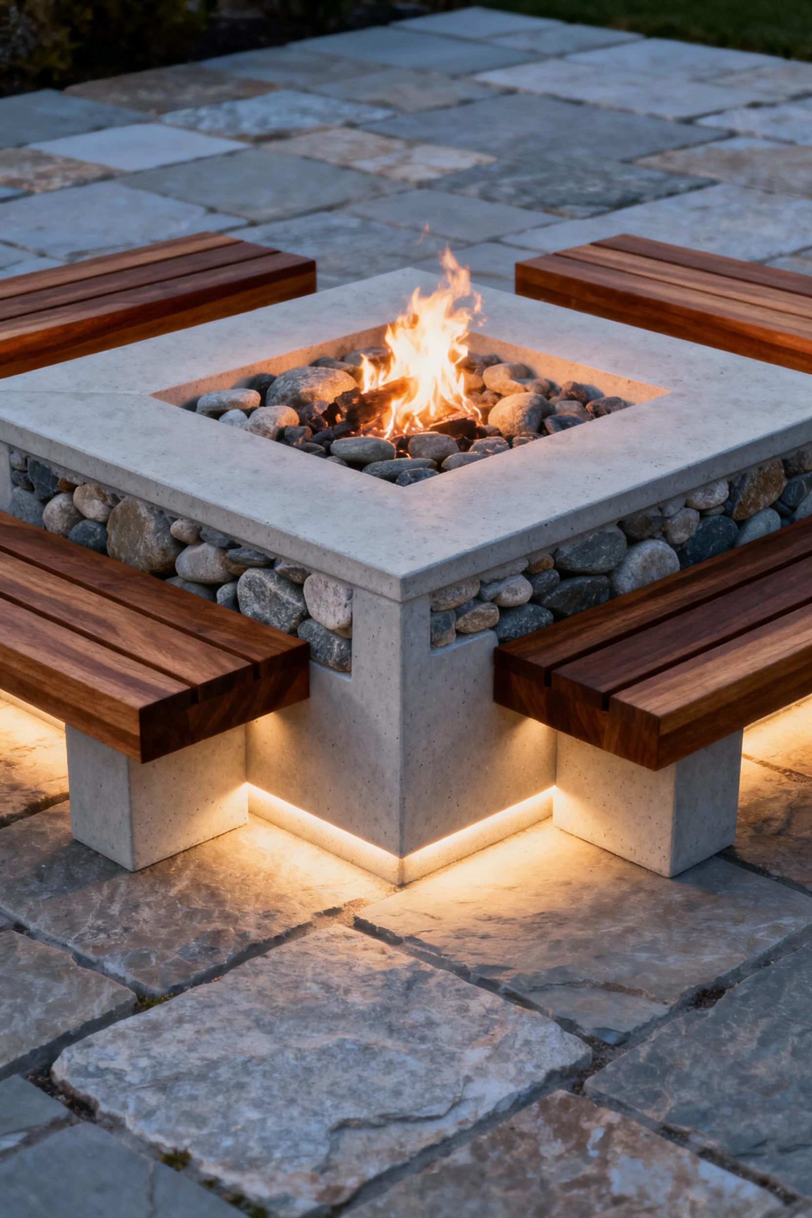 Portrait of a sophisticated artisan-fabricated concrete and Ipe wood firepit, symbolizing timeless design and generational durability in a backyard.