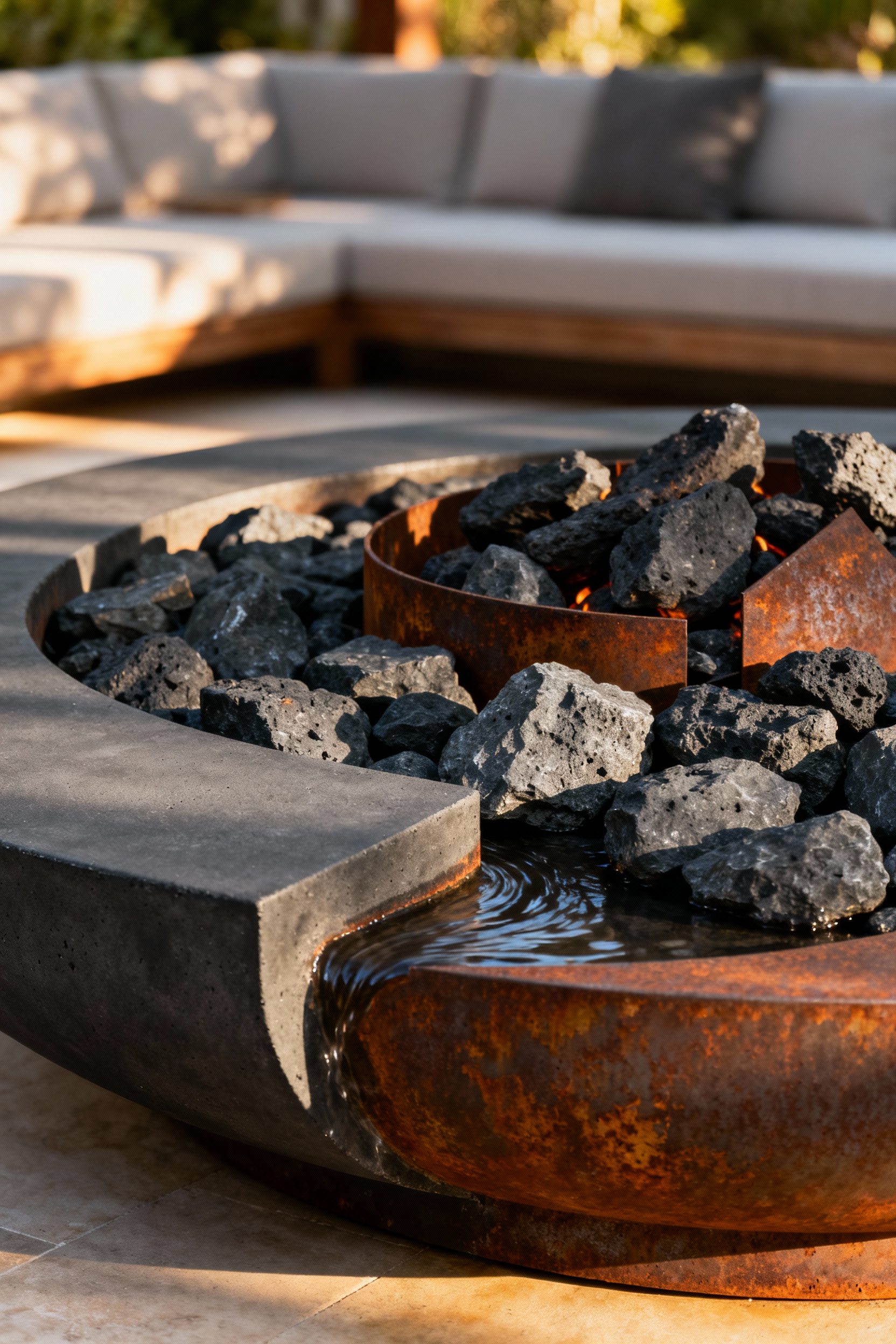 Elegant outdoor firepit demonstrating a blend of concrete, basalt stone, and Corten steel for a rich visual and sensory impact in a backyard setting.