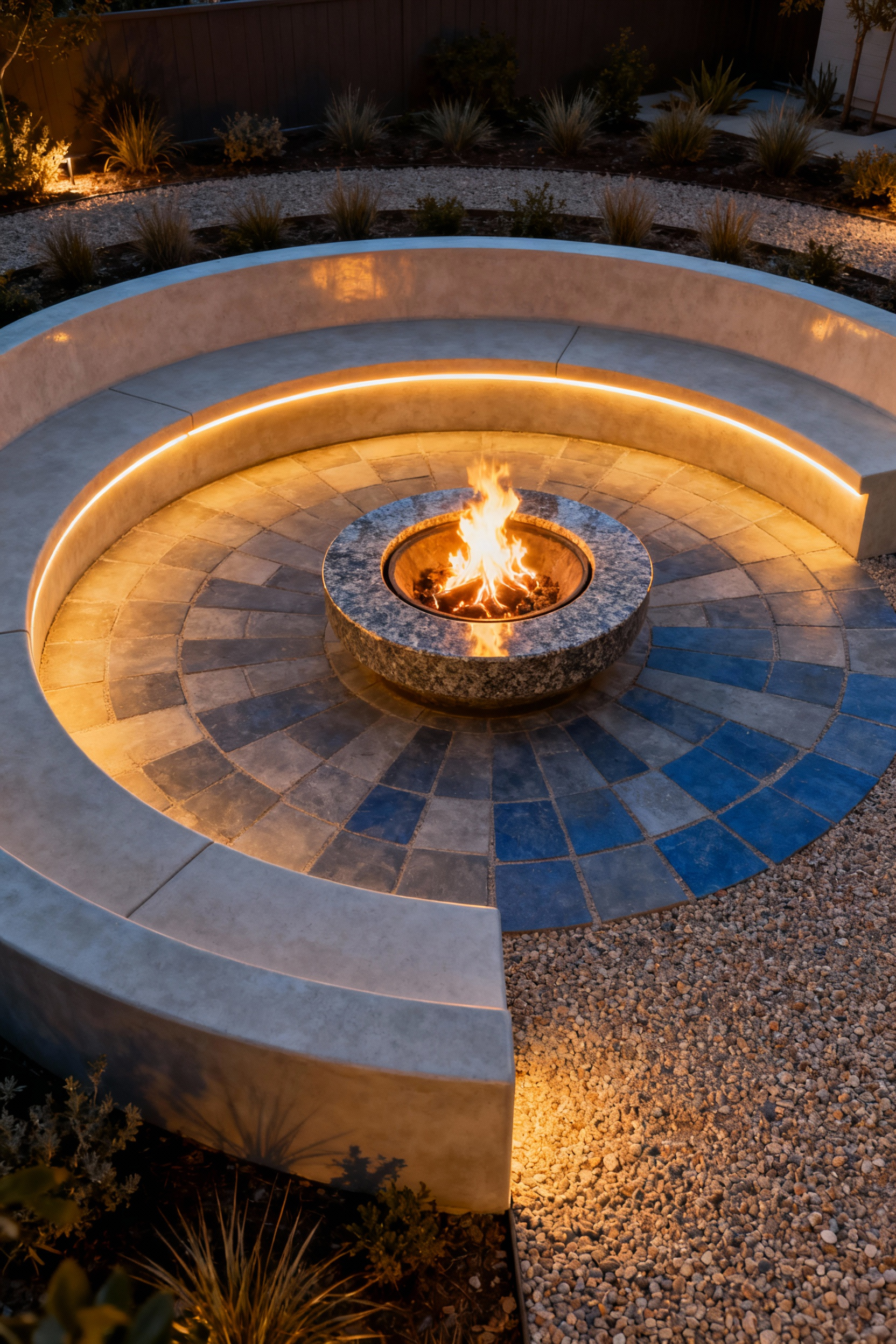 Modern backyard with a circular firepit, integrated curved seating of polished concrete, radial bluestone pavers, and subtle LED lighting. Designed for seamless social interaction and gathering flow, no people present.