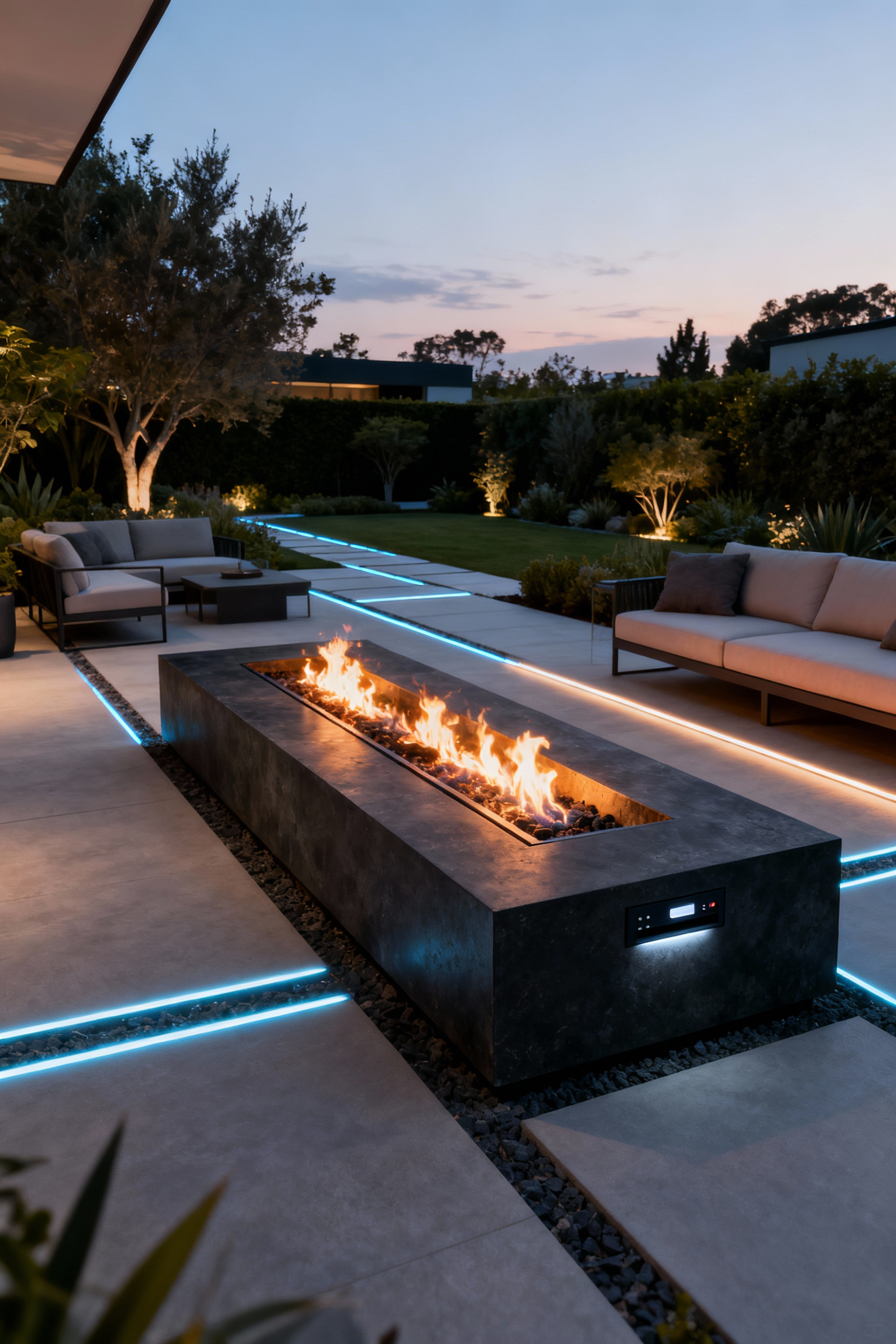 A modern rectangular firepit made of dark honed concrete, integrated with subtle smart control technology, glowing warmly at twilight in a luxurious outdoor lounge with minimalist landscaping. Automated ignition and remote operation are subtly suggested, showcasing sophisticated design and advanced safety.