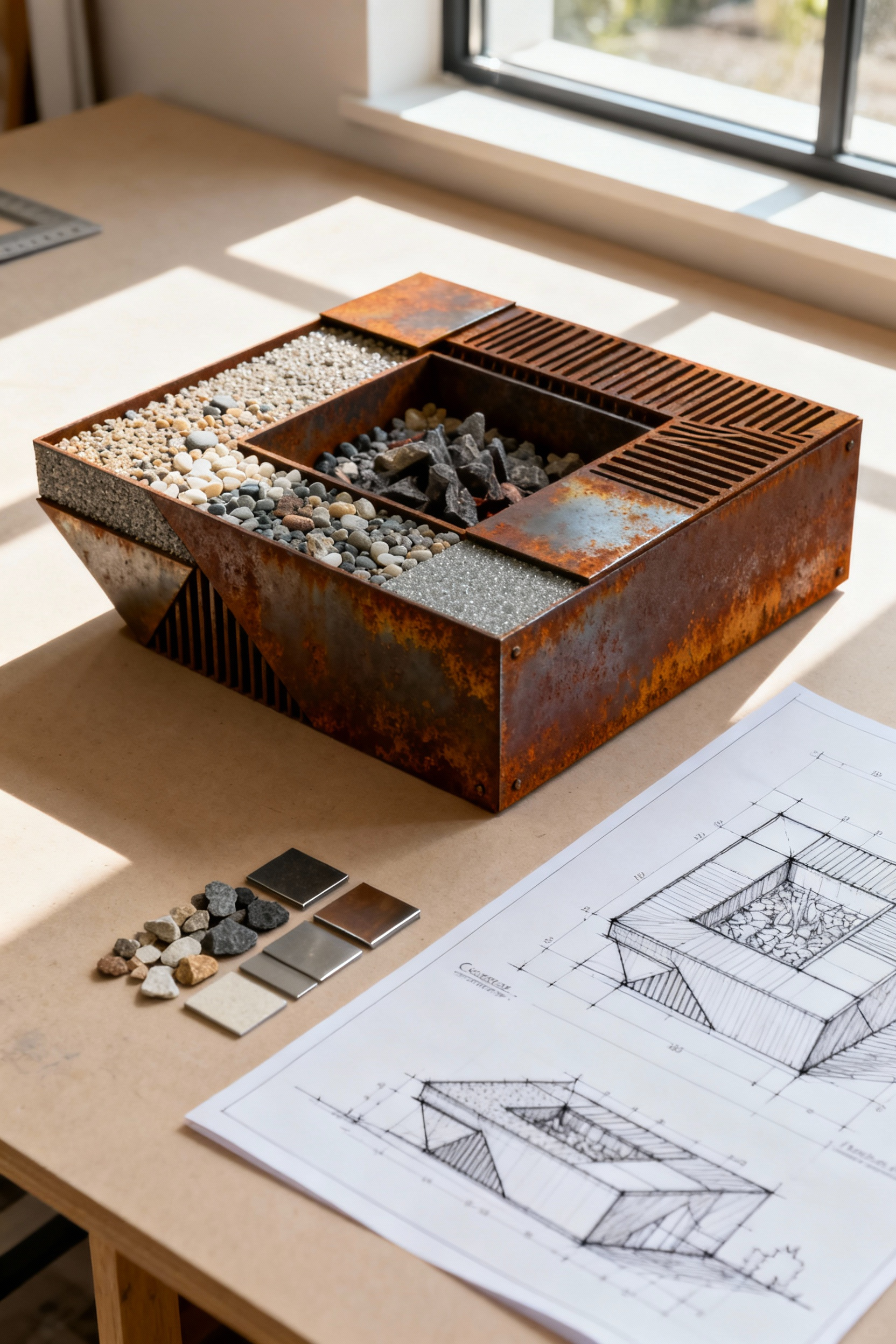 Detailed 1:10 scale model of a custom firepit, made from miniature materials, alongside architectural sketches on a workbench under natural light.