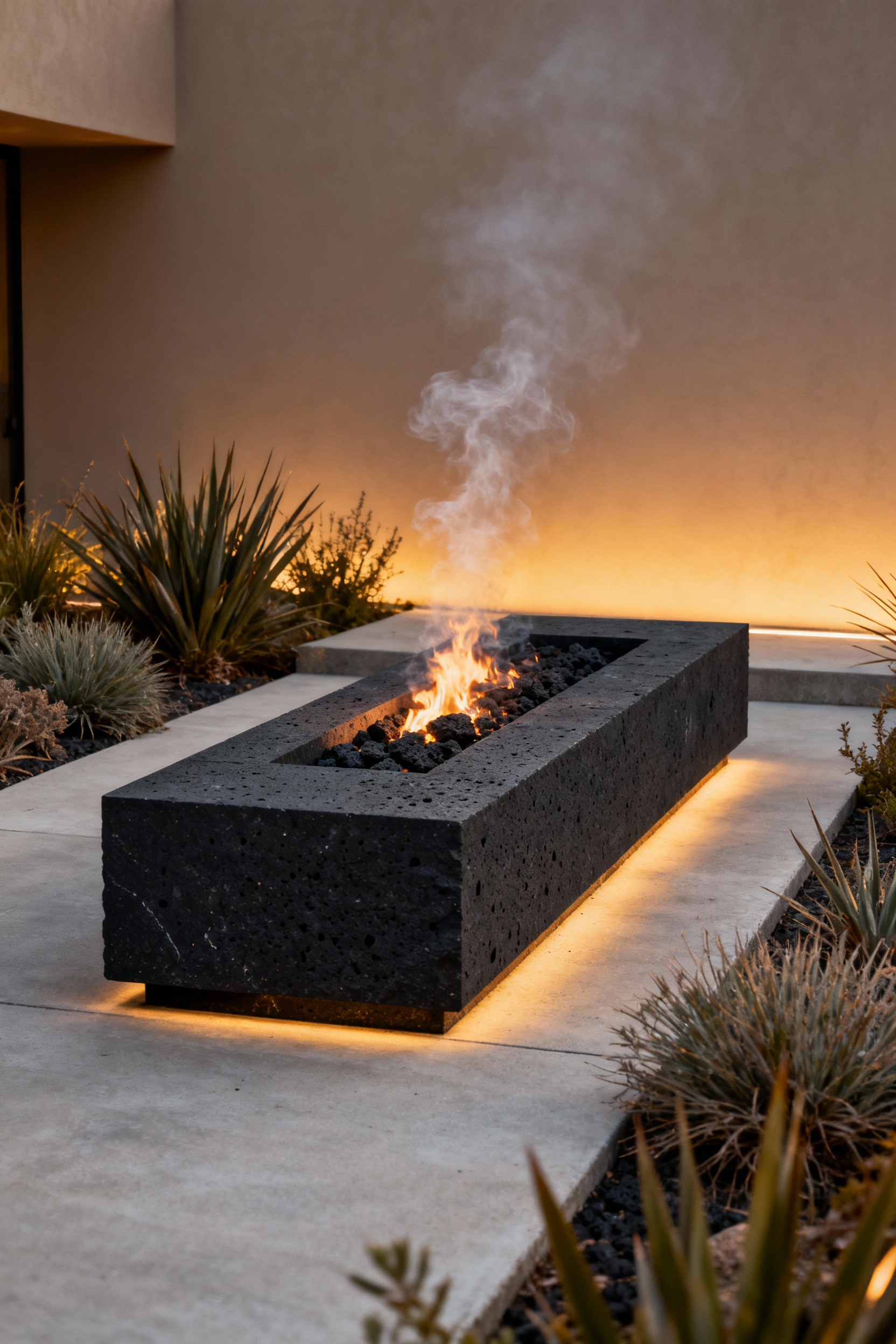 Modern outdoor firepit made from honed basalt stone, showcasing volcanic elegance and thermal resilience, set within a minimalist concrete patio with soft golden hour lighting.