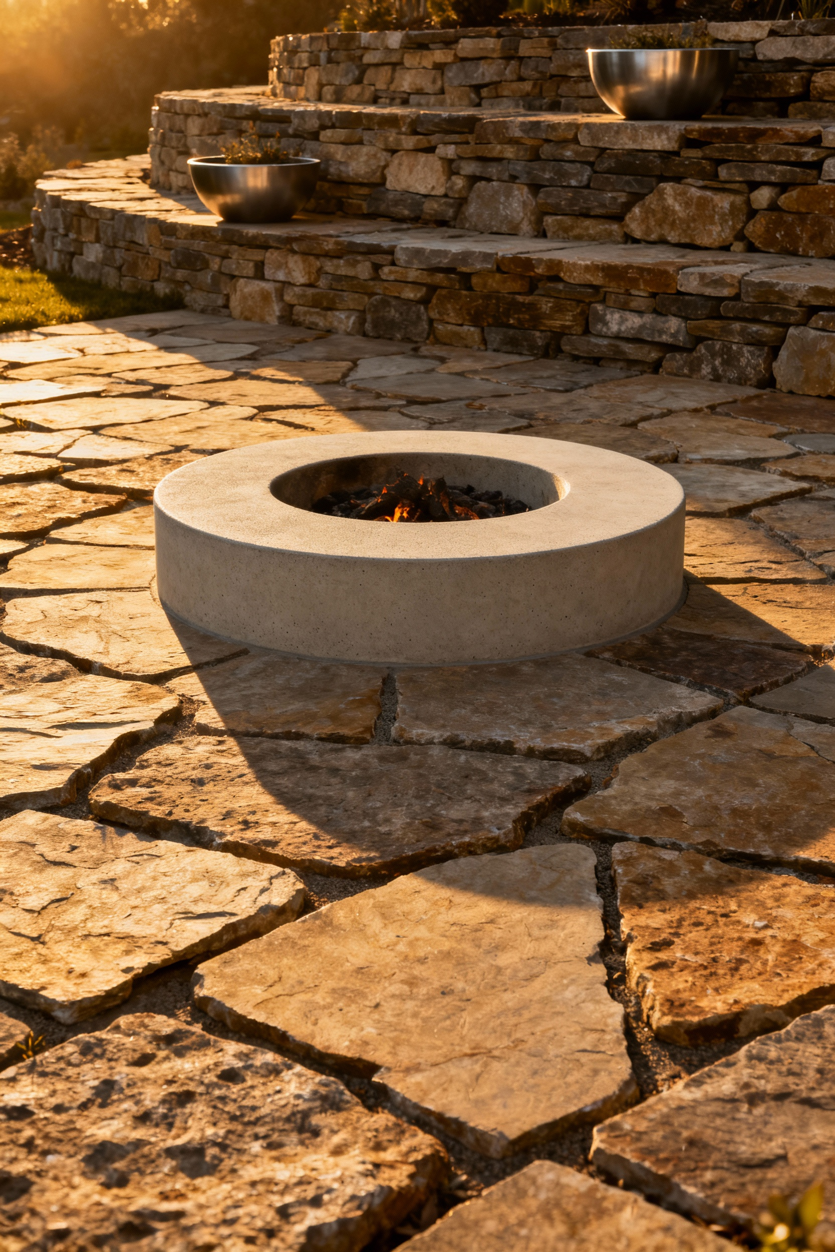 Outdoor living space with a circular firepit. The firepit is made of smooth, honed concrete, contrasting with surrounding rough-hewn natural flagstone pavers. Textured stone walls and metal planters are visible in the background. The scene is lit by golden hour light, highlighting material textures.