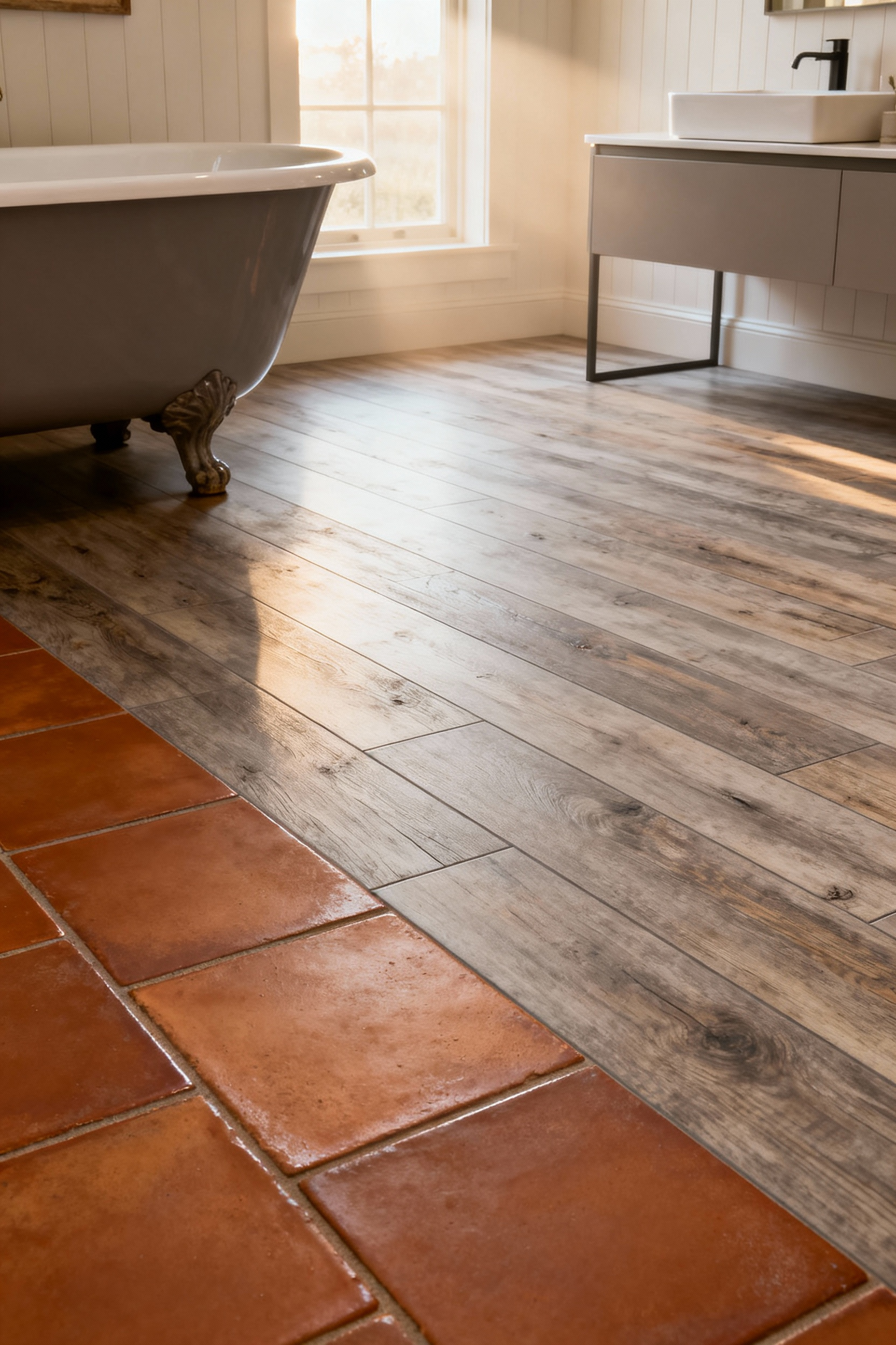 A farmhouse bathroom floor demonstrating a transition between warm glazed terracotta tiles and engineered porcelain planks that resemble weathered wood, bathed in soft morning light, showcasing durable and aesthetic flooring choices.