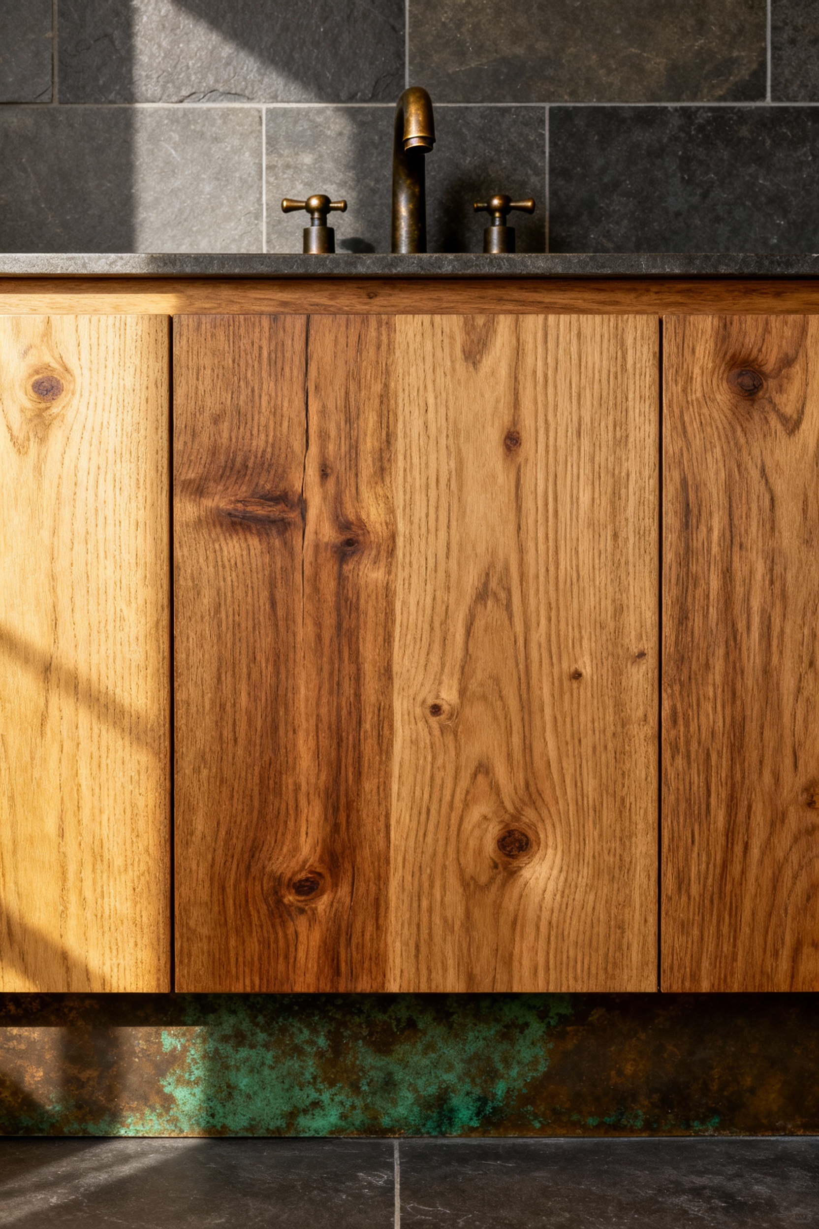 Farmhouse bathroom vanity with unlacquered brass faucets displaying a natural patina and a custom white oak vanity top against honed slate tiles, emphasizing aged character and authenticity.