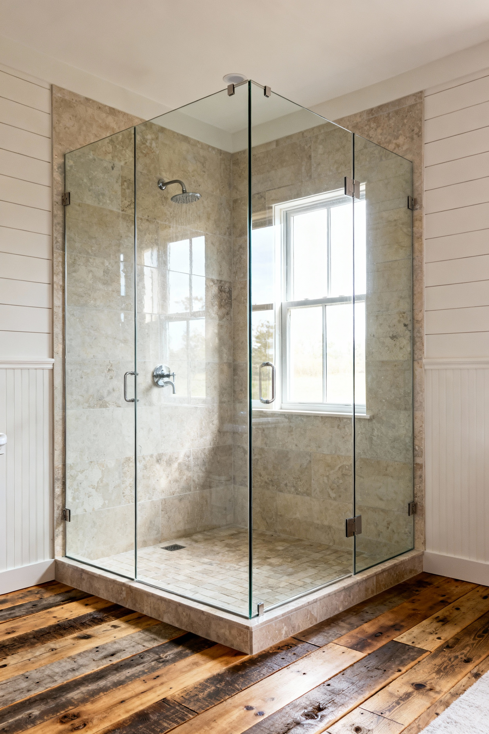 Modern farmhouse bathroom with a frameless glass shower enclosure, showcasing natural light and an expansive feel.