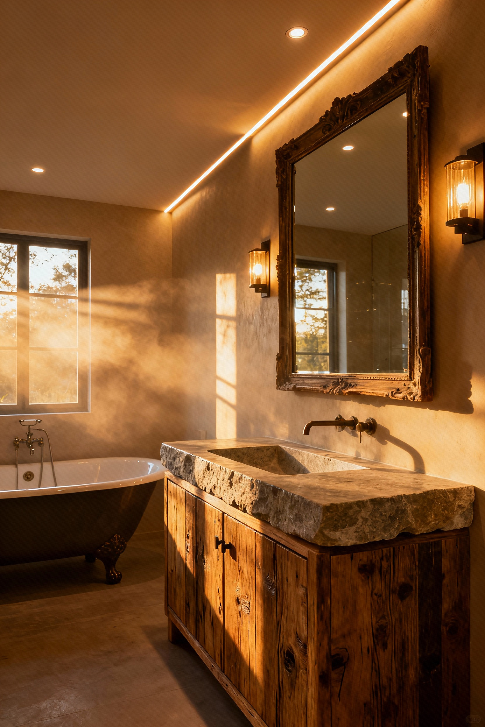 Farmhouse bathroom vanity with layered architectural lighting, showing warm sconces, under-vanity LEDs, and subtle tub lighting highlighting reclaimed wood and natural stone.