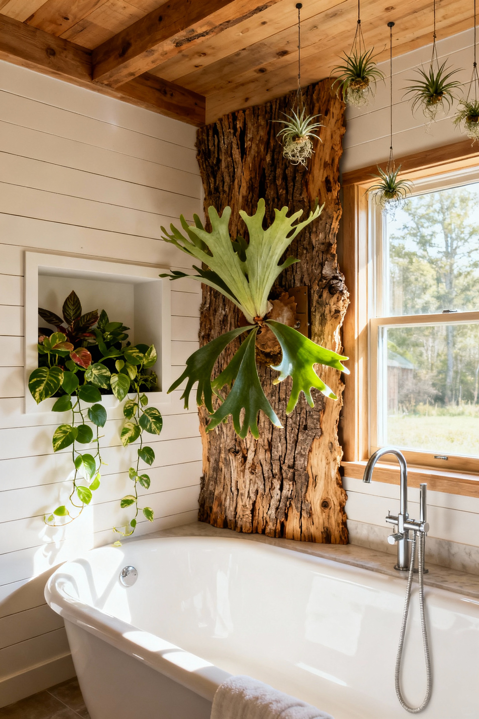 Farmhouse bathroom with sculptural wall planter featuring trailing philodendrons, ceiling-mounted air plant suspensions, and a mounted Staghorn fern, showcasing biophilic design.