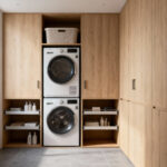 Stacked washer and dryer unit integrated into custom cabinetry in a bright, modern mudroom-laundry room.