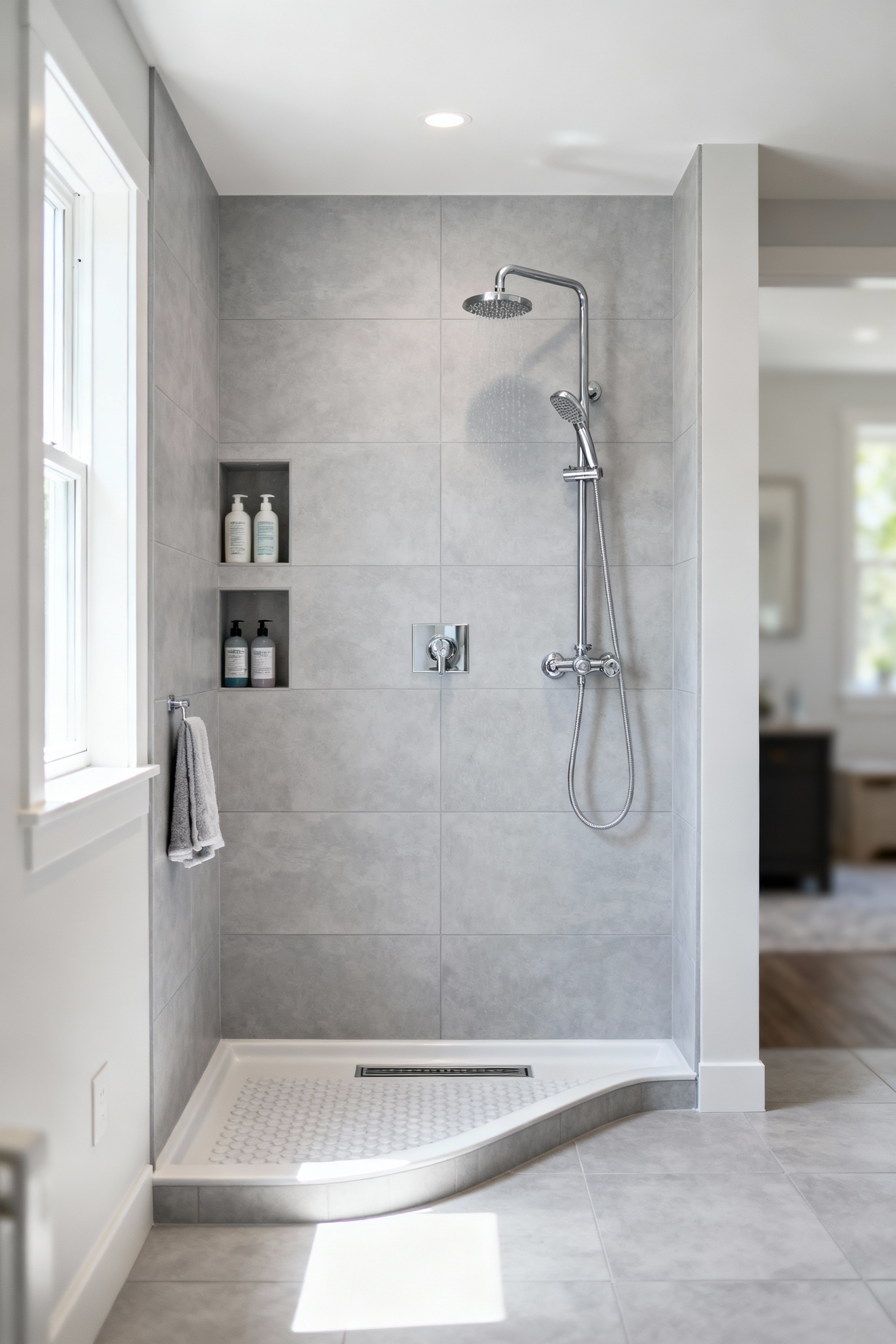 Modern mudroom pet cleaning zone with a walk-in shower, light grey tile, handheld sprayer, and built-in storage, designed for pet hygiene and efficiency.