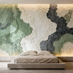 Modern bedroom with biophilic abstract wallpaper in muted greens and grays, promoting tranquility and a serene aesthetic.