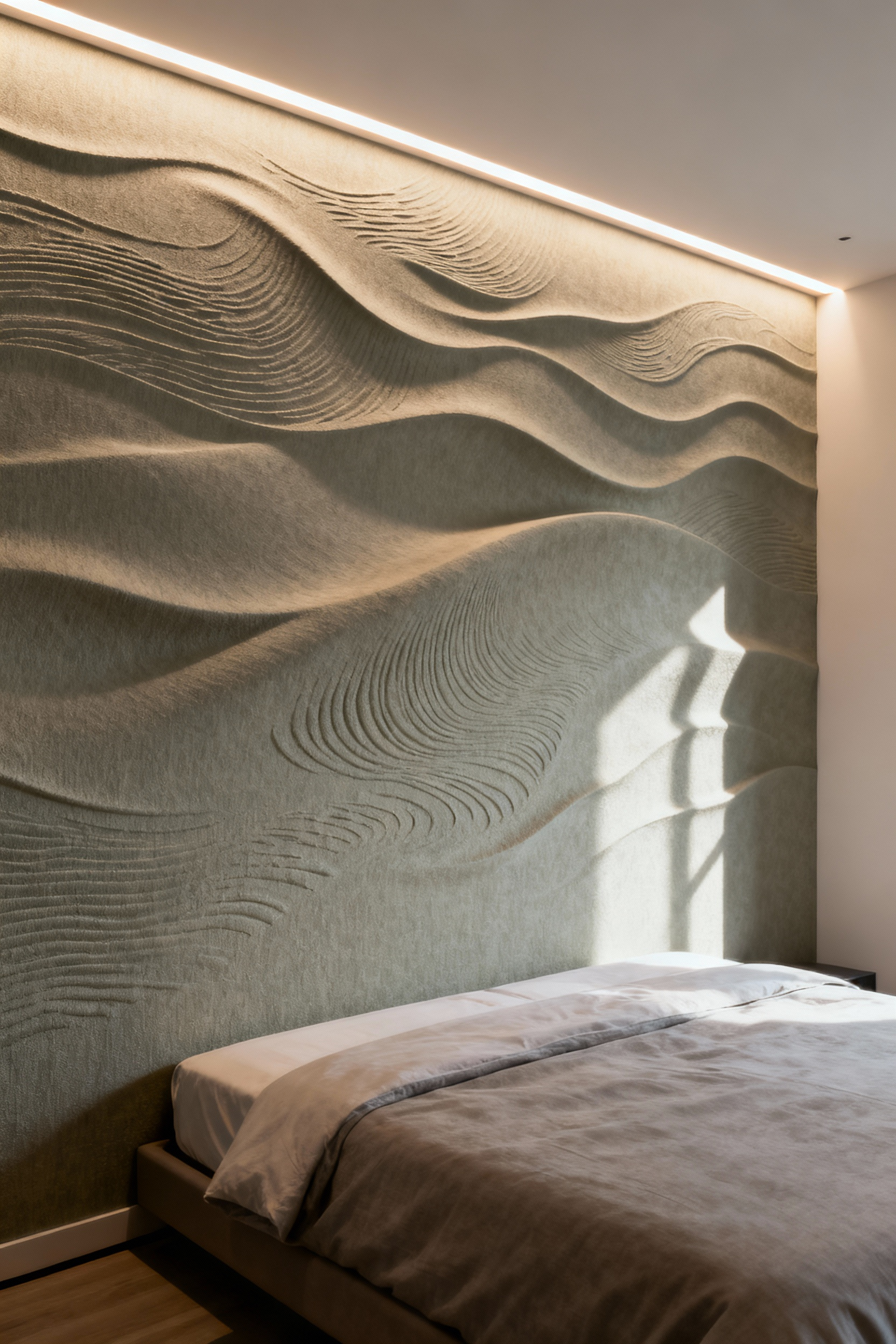 Modern bedroom accent wall featuring an elegant greige embossed non-woven composite wallpaper with a subtle dune pattern, beautifully illuminated by grazing light to showcase its three-dimensional tactile sculpturality.