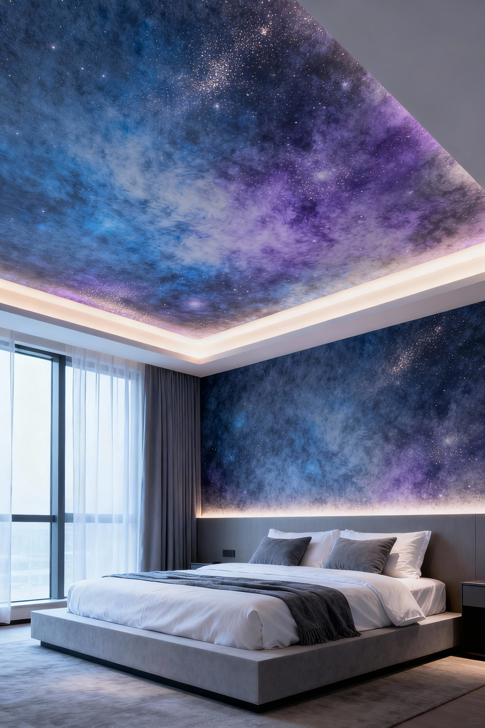 Modern bedroom with a stunning celestial-themed wallpaper ceiling treatment, featuring soft blues and purples illuminated by subtle cove lighting.