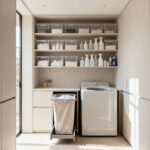 A pristine, decluttered laundry room with sleek, integrated custom cabinetry, pull-out hampers, and meticulously organized laundry supplies, showcasing an optimized workflow and serene aesthetic under soft natural light.