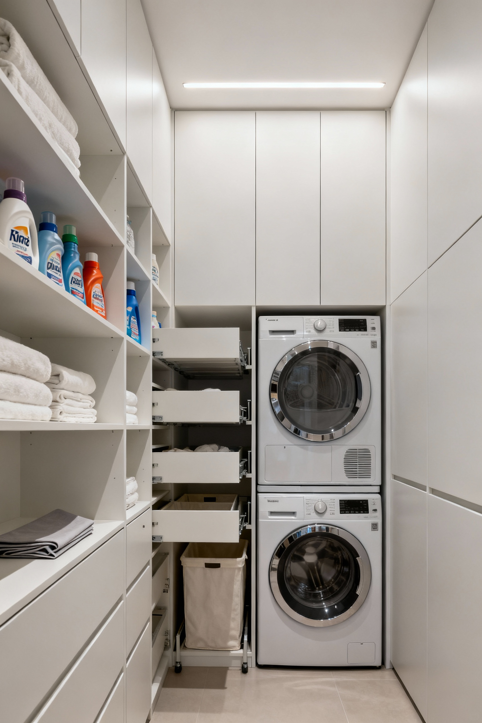 Modern laundry room featuring sleek, floor-to-ceiling integrated vertical storage, custom white cabinetry, a hidden pull-out hamper, and an elegant built-in folding counter.