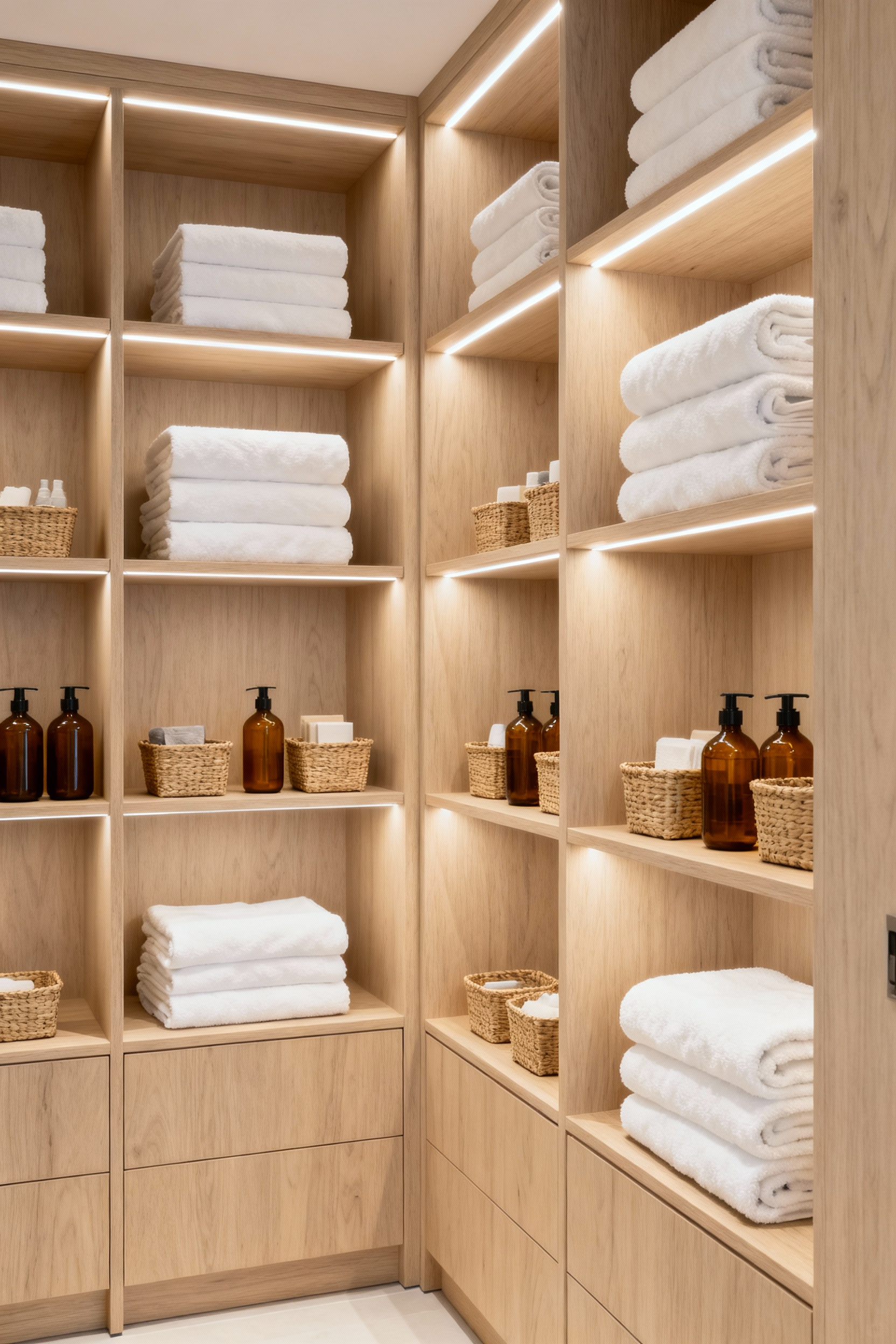 Modern laundry room with light wood open shelving, illuminated by under-shelf LED lighting, showcasing neatly arranged white towels, amber soap dispensers, and woven storage baskets.
