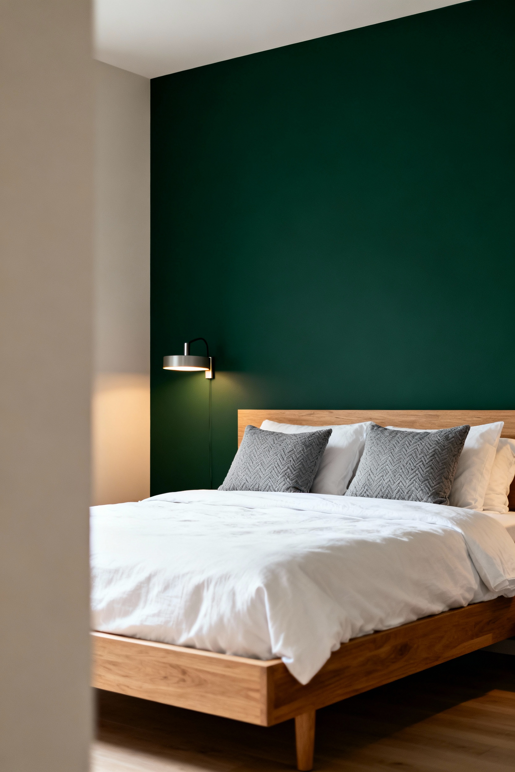 A modern bedroom featuring a bold forest green statement wall behind the bed, contrasted with light neutral walls and white bedding, demonstrating a budget-friendly bedroom makeover strategy.