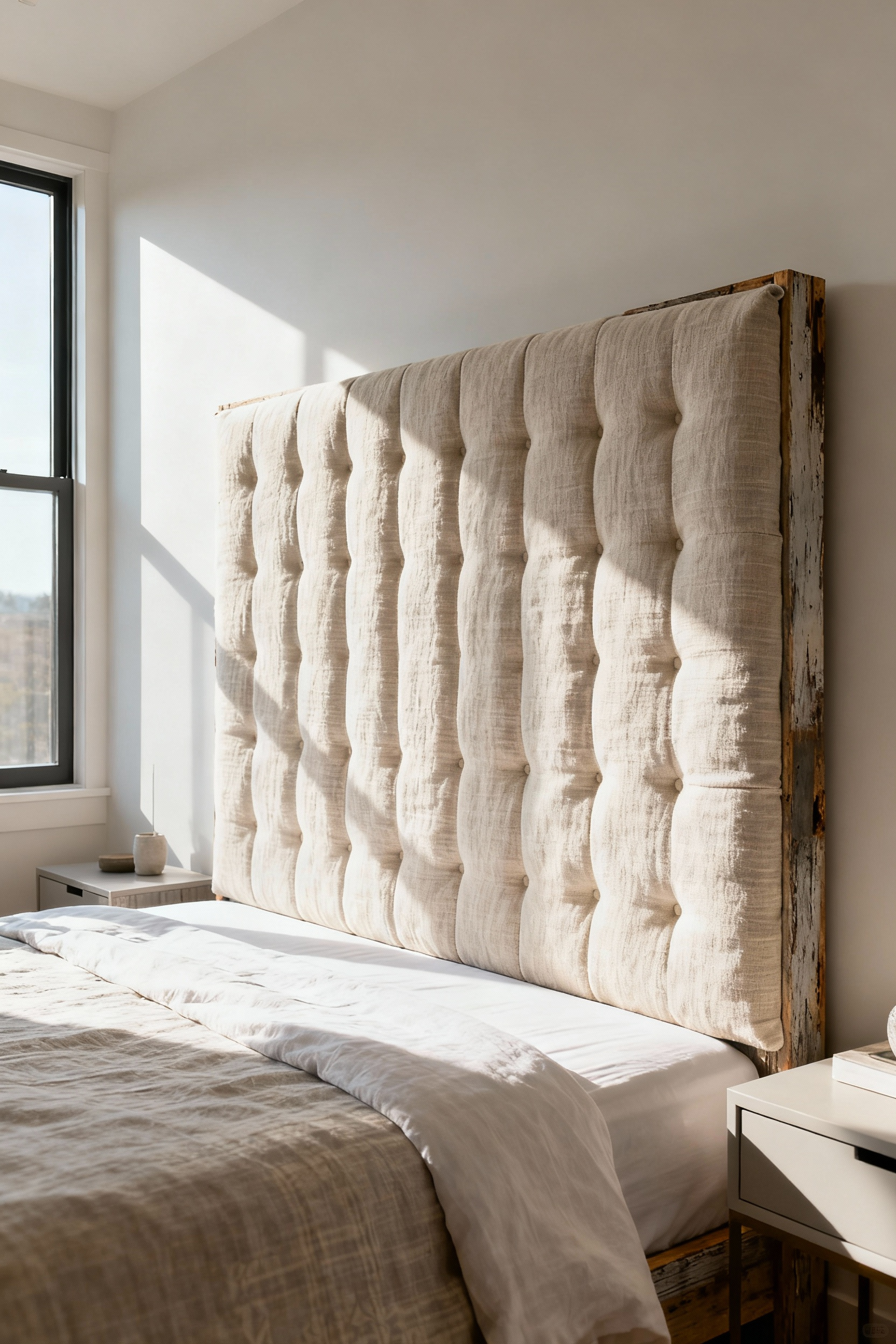 A stylish, custom-made upholstered headboard constructed from inexpensive materials, featuring a cozy and contemporary bedroom setting, no people.