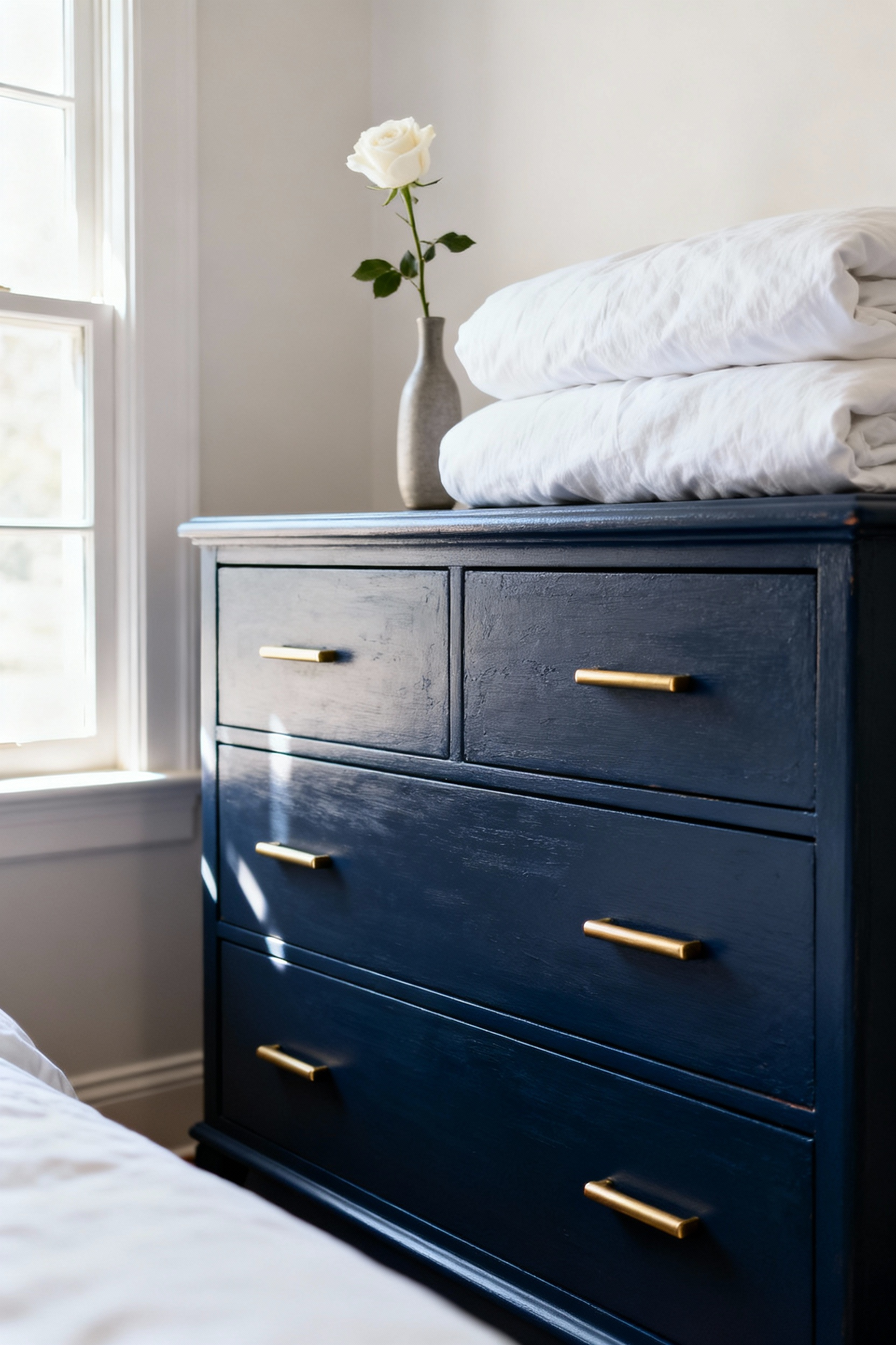 A transformed navy blue dresser with brushed gold handles, showcasing an upcycled furniture project.