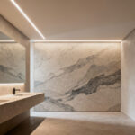 Architectural photo of a luxurious, bespoke bathroom wall featuring custom-printed sintered stone panels with integrated LED lighting and seamless micro-cement, creating a serene and modern sensory experience.