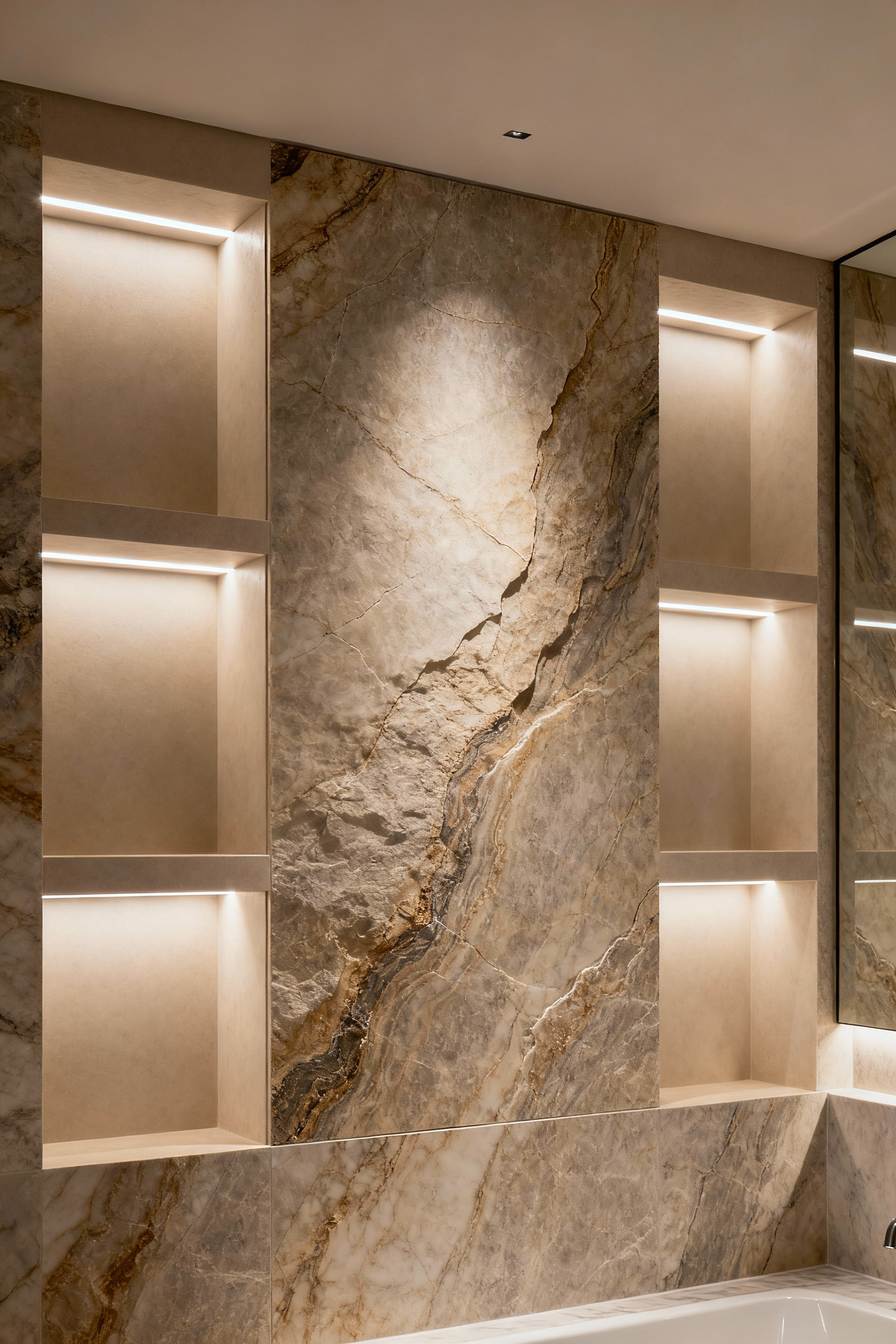 Modern bathroom featuring seamlessly integrated recessed LED lighting within stone wall cavities, showcasing elegant ambient and task illumination without glare.