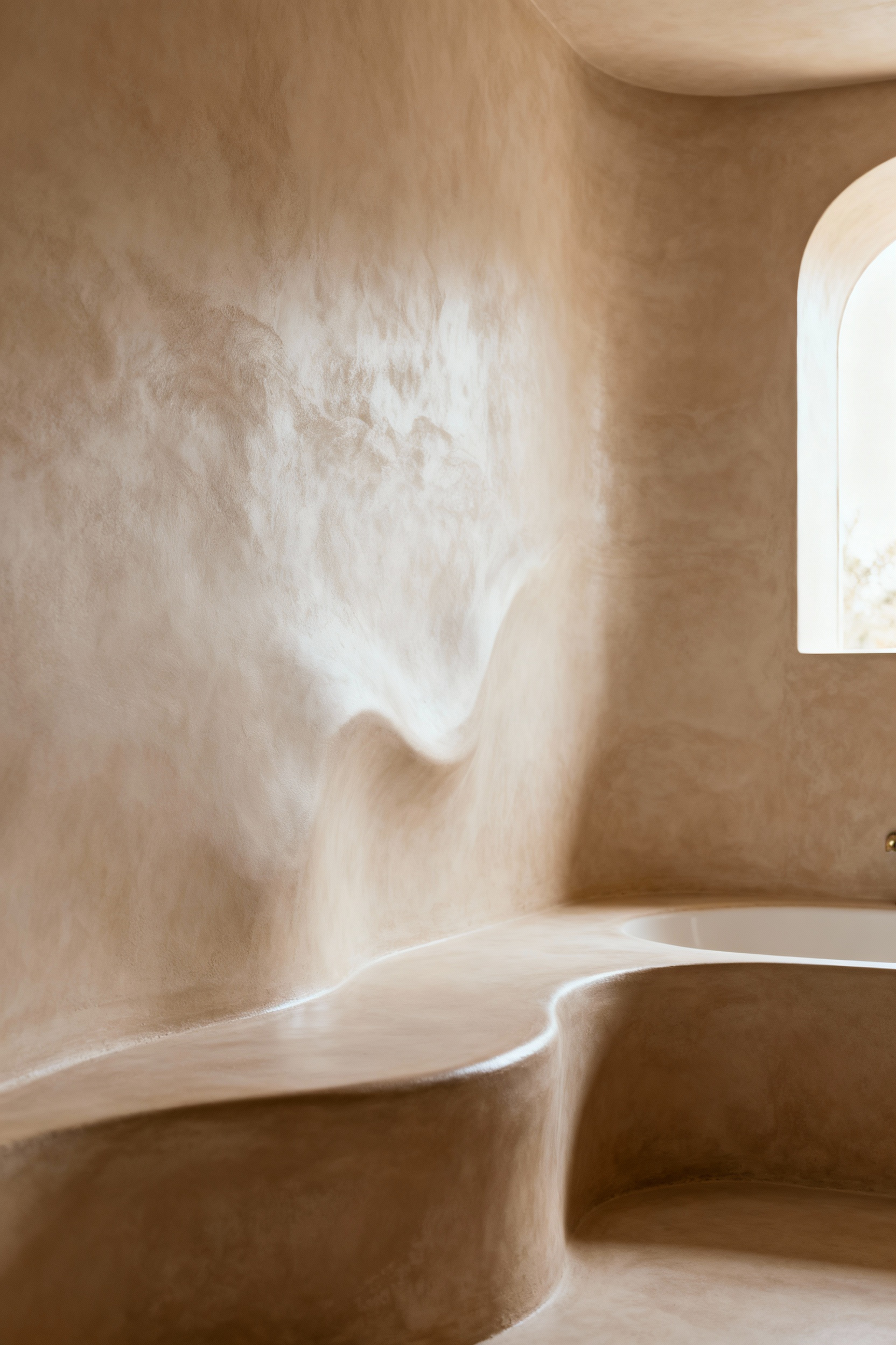 Luxurious Tadelakt bathroom wall with seamless, polished Moroccan lime plaster texture and soft lighting