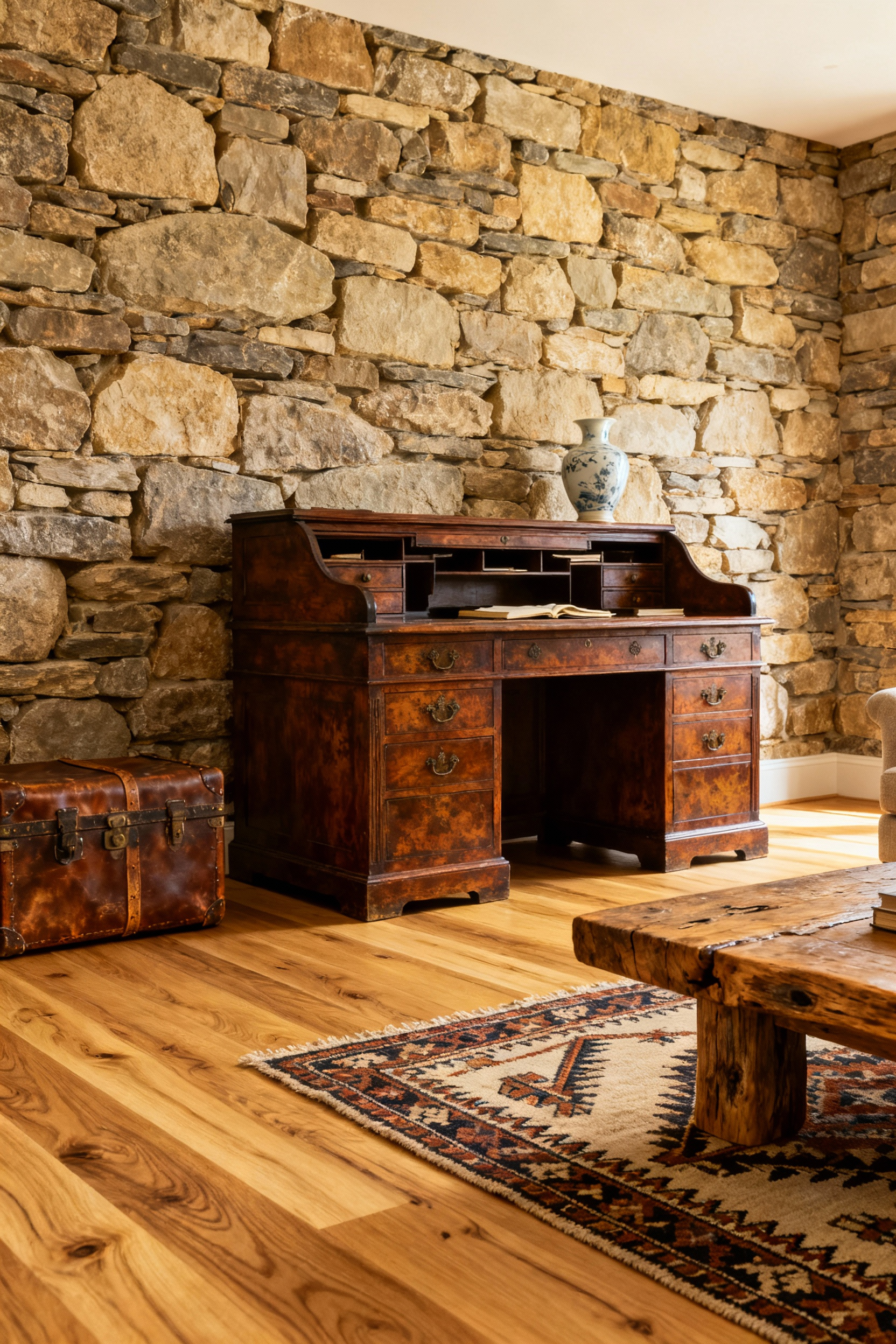 A rustic living room with a mahogany writing desk, a dry-stacked stone wall, an ancestral Navajo rug on a white oak floor, and a timber coffee table, showcasing integrated family heirlooms.