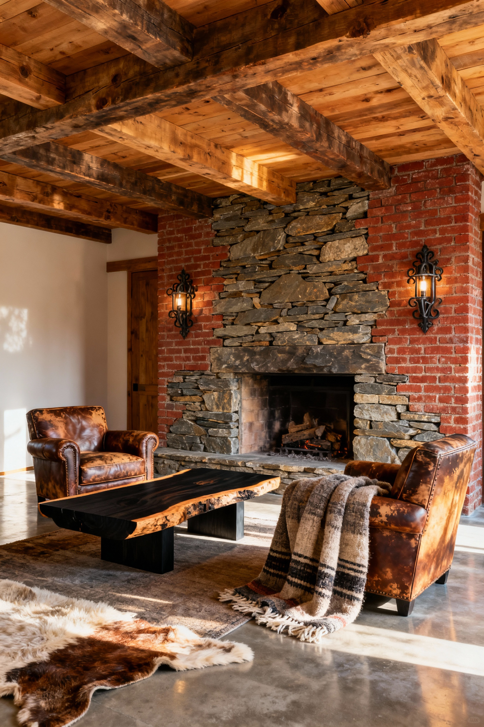 Rustic living room showing exposed wooden beams, a dry-stacked schist fireplace, and an exposed brick wall, with a live-edge black walnut coffee table, leather chairs, and wool rugs. Highlights architectural and interior landscape integration.