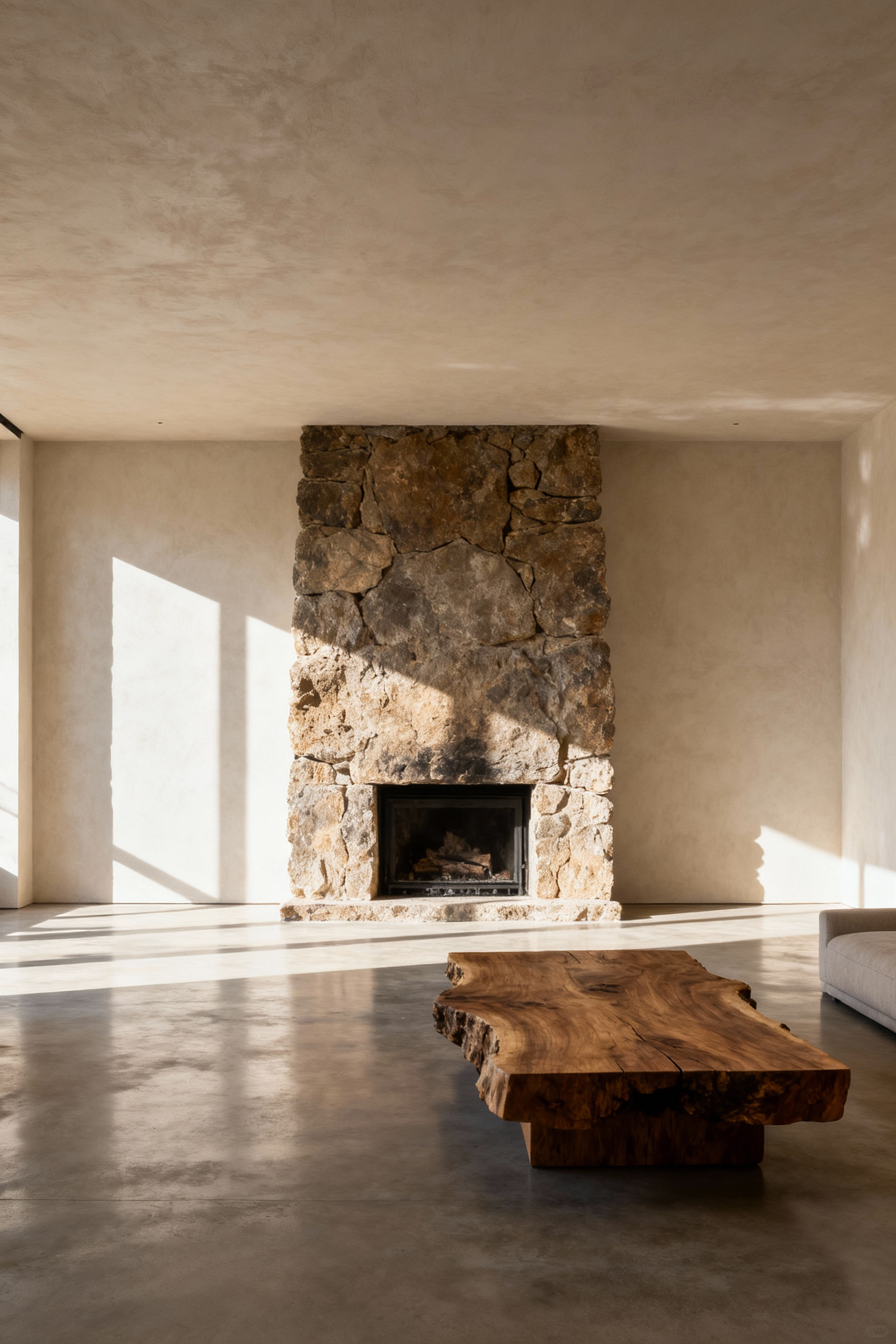 Spacious rustic living room showcasing deliberate negative space, featuring a prominent rough-hewn stone fireplace flanked by smooth plaster walls and a reclaimed timber coffee table. The image highlights curated empty areas for visual calm and balance in rustic decor.