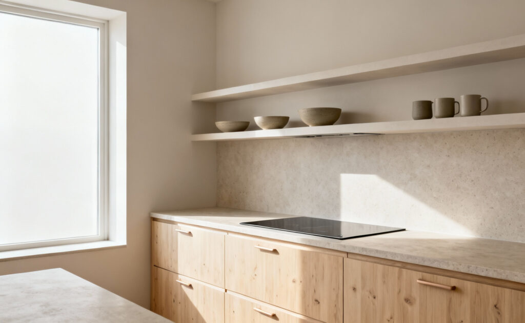 Bright, minimalist Scandinavian kitchen with light wood cabinetry, honed stone countertops, integrated induction hob, and open shelving featuring ceramic bowls. Natural light fills the serene, clutter-free space.