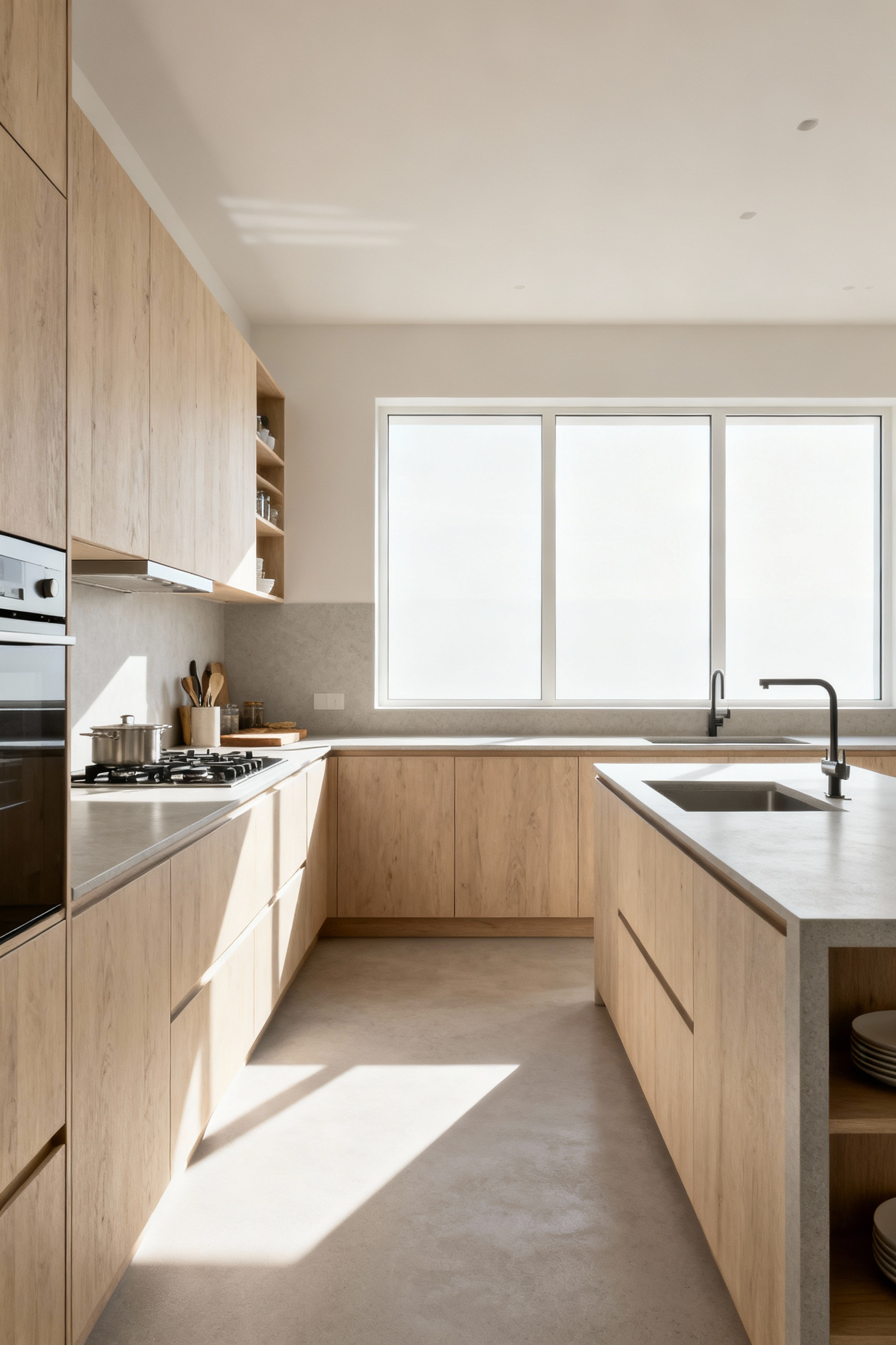 Full view of a Scandinavian kitchen showcasing intelligent zone planning, light wood cabinetry, matte quartz countertops, and ergonomic workflow.