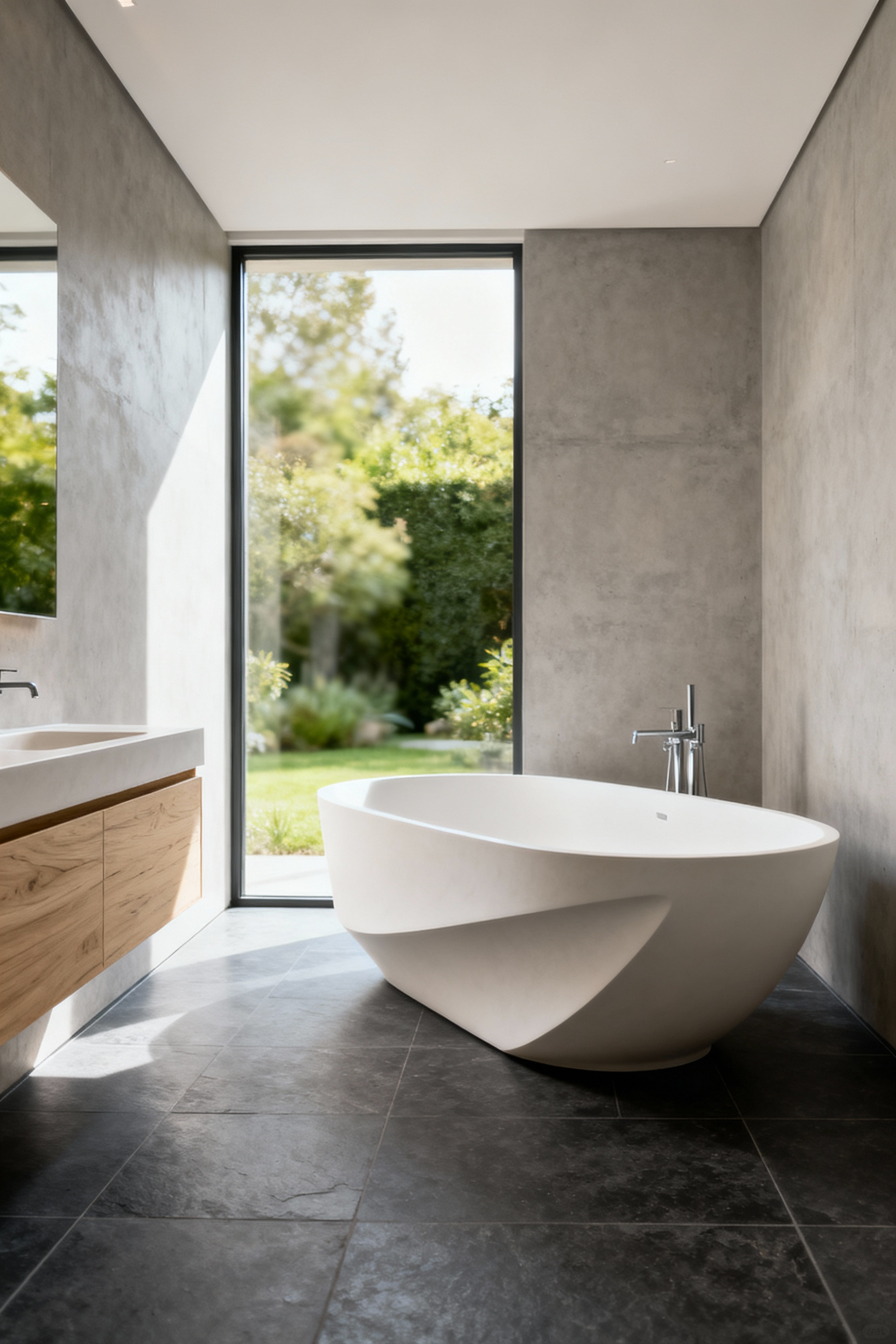 Modern minimalist bathroom featuring a seamless, sculptural matte white stone resin bathtub with razor-thin edges, set against polished concrete walls and light oak wood accents.