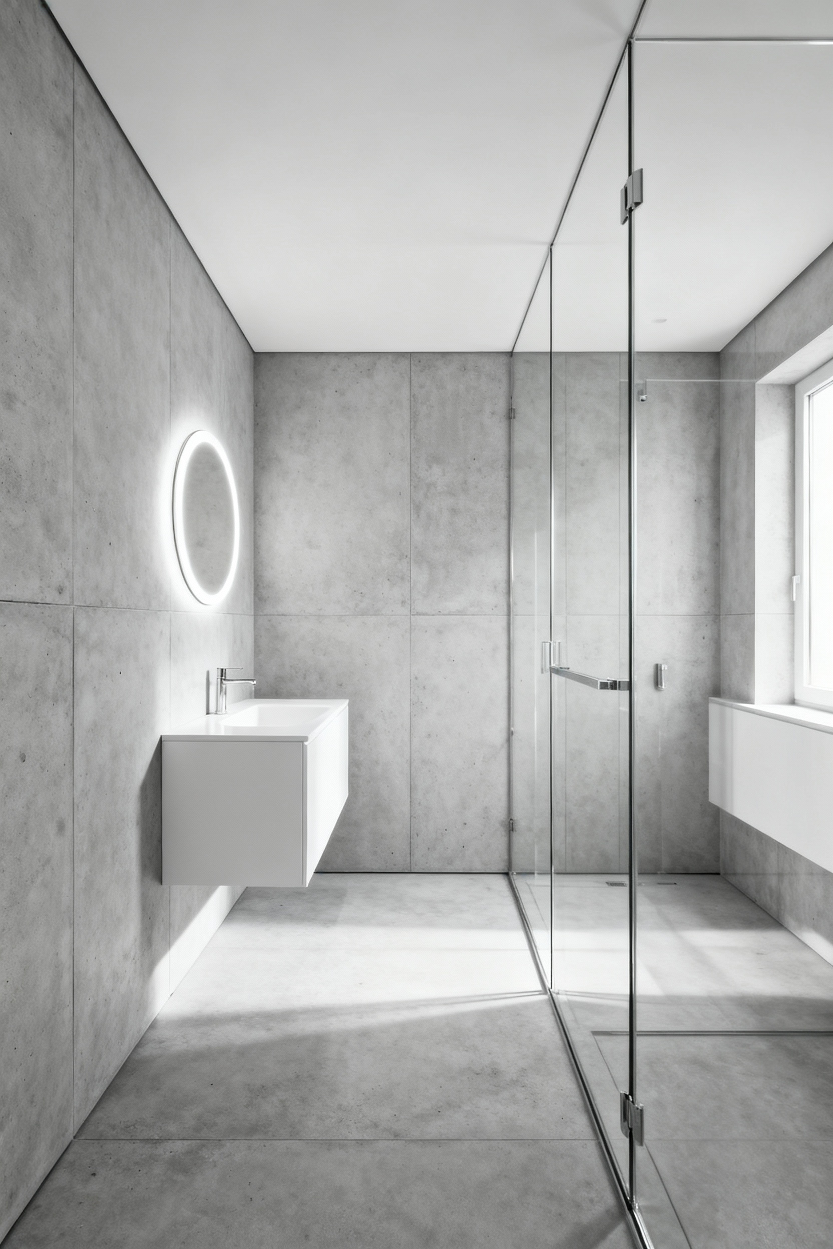 A small modern bathroom where uniform light-grey tile runs seamlessly from the floor up the walls and across the ceiling to visually expand the compact space.