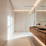 A minimalist modern luxury bathroom showcasing large-format, light gray porcelain slabs covering the walls for a seamless, monolithic look that maximizes spatial continuity.