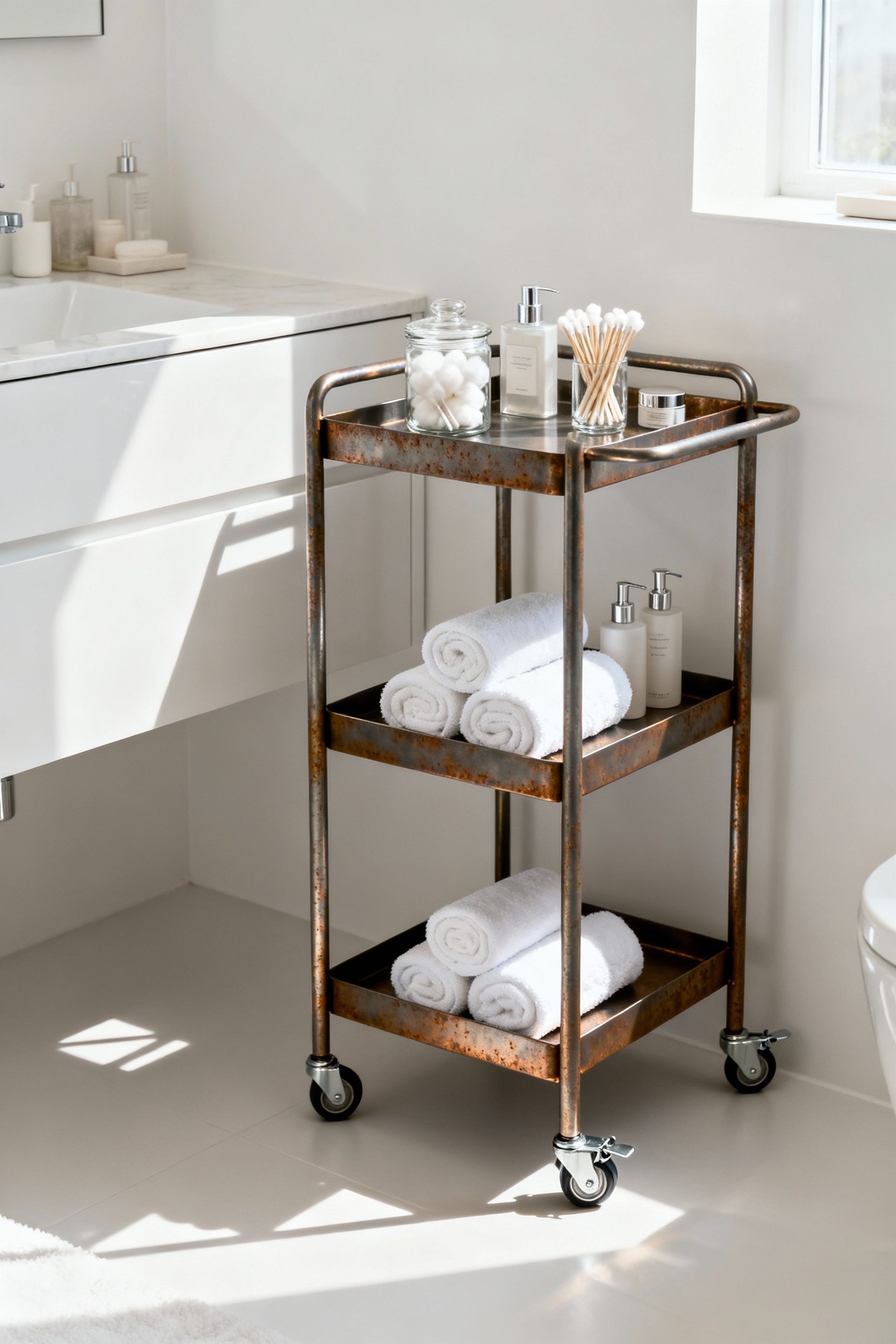 A slim, modern, three-tier stainless steel utility cart with locking wheels, neatly organized with white towels and toiletries, integrated into a clean, small bathroom next to a vanity.