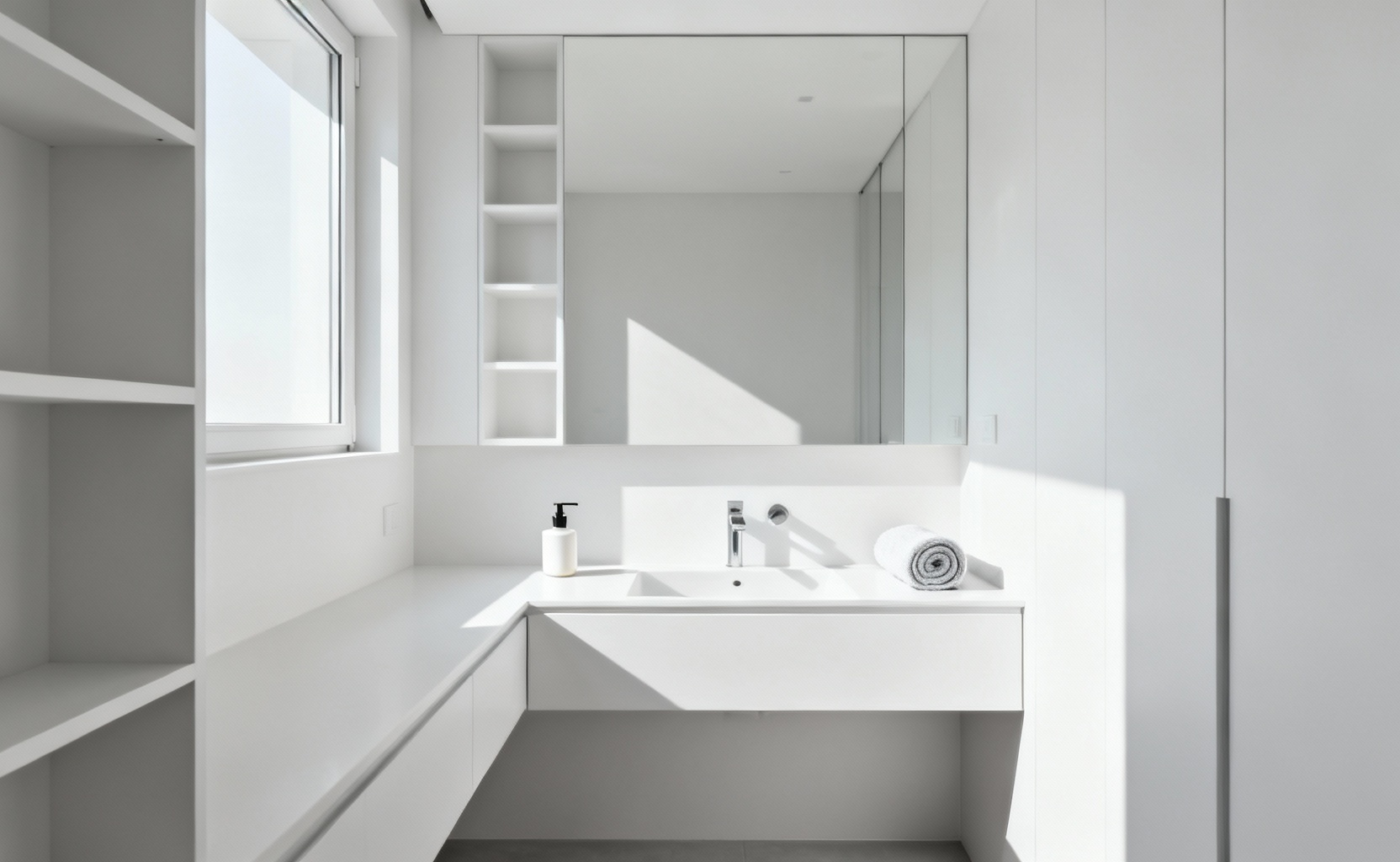A pristine, decluttered small modern bathroom featuring minimalist design, bright natural light, and ample clear surface space, with a few neatly arranged essentials, emphasizing spatial clarity and organization after a rigorous decluttering process.