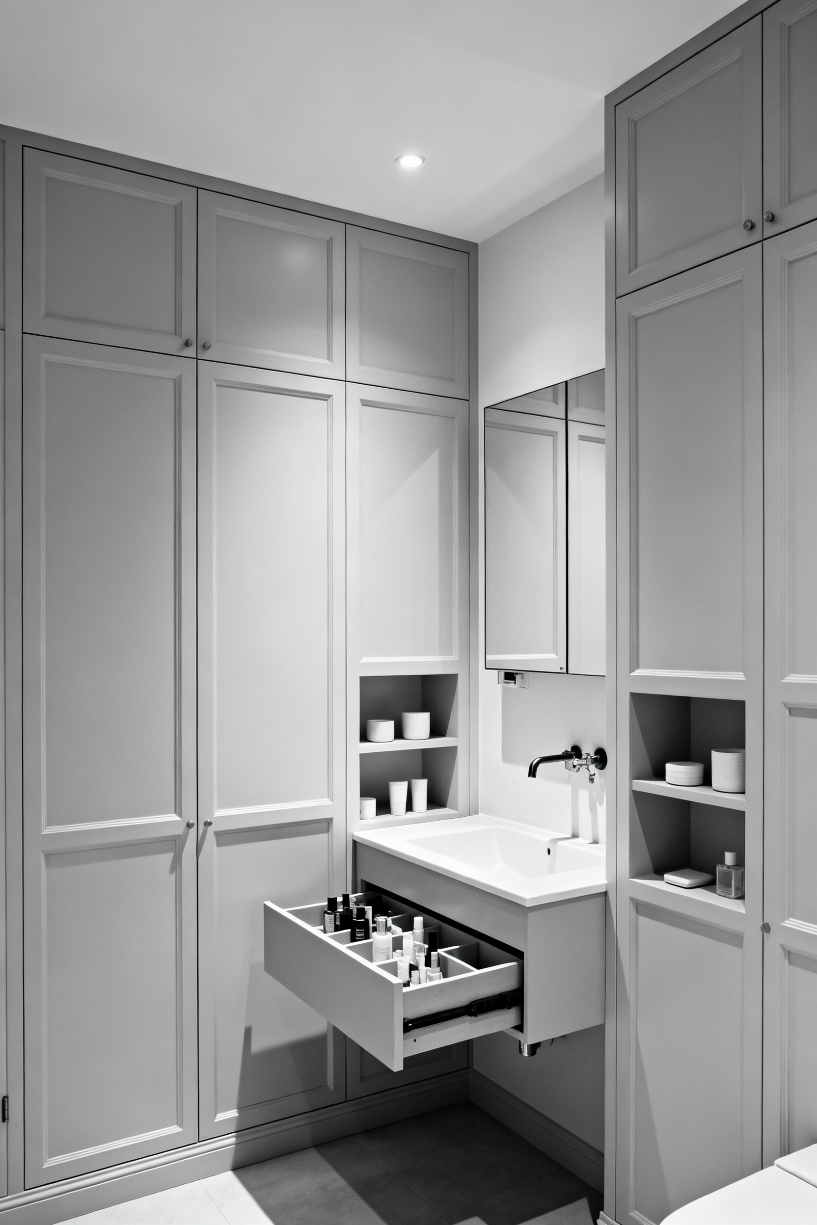 A small, modern bathroom showcasing highly integrated and personalized organizational solutions, with custom wall-mounted cabinetry, a floating vanity with internal dividers, and recessed shelving that blends seamlessly into the decor, creating a cohesive and tranquil aesthetic.