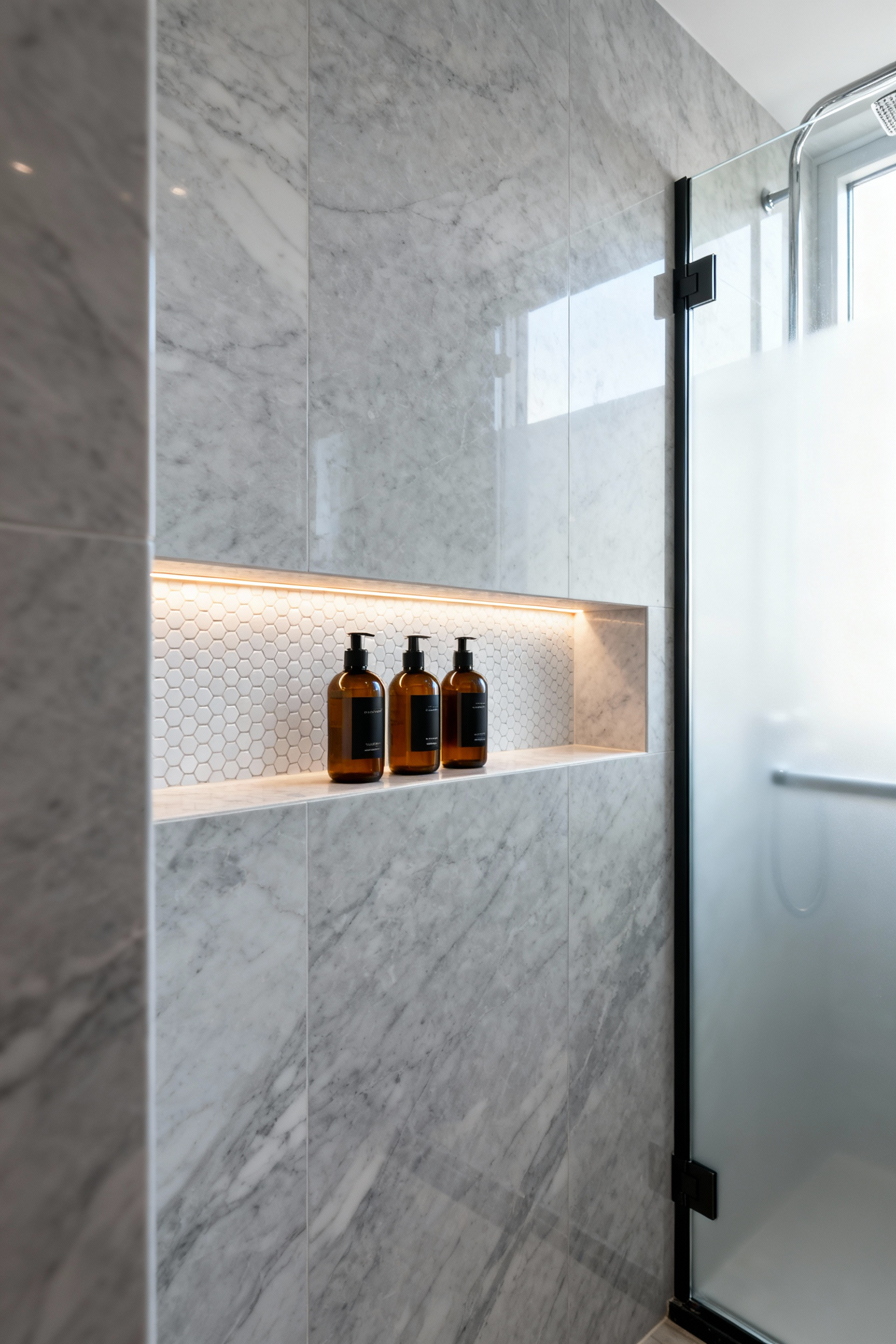 A sleek, compact shower featuring a recessed wall niche lined with mosaic tile holding toiletries, demonstrating zero-footprint storage as an alternative to hanging shower caddies.