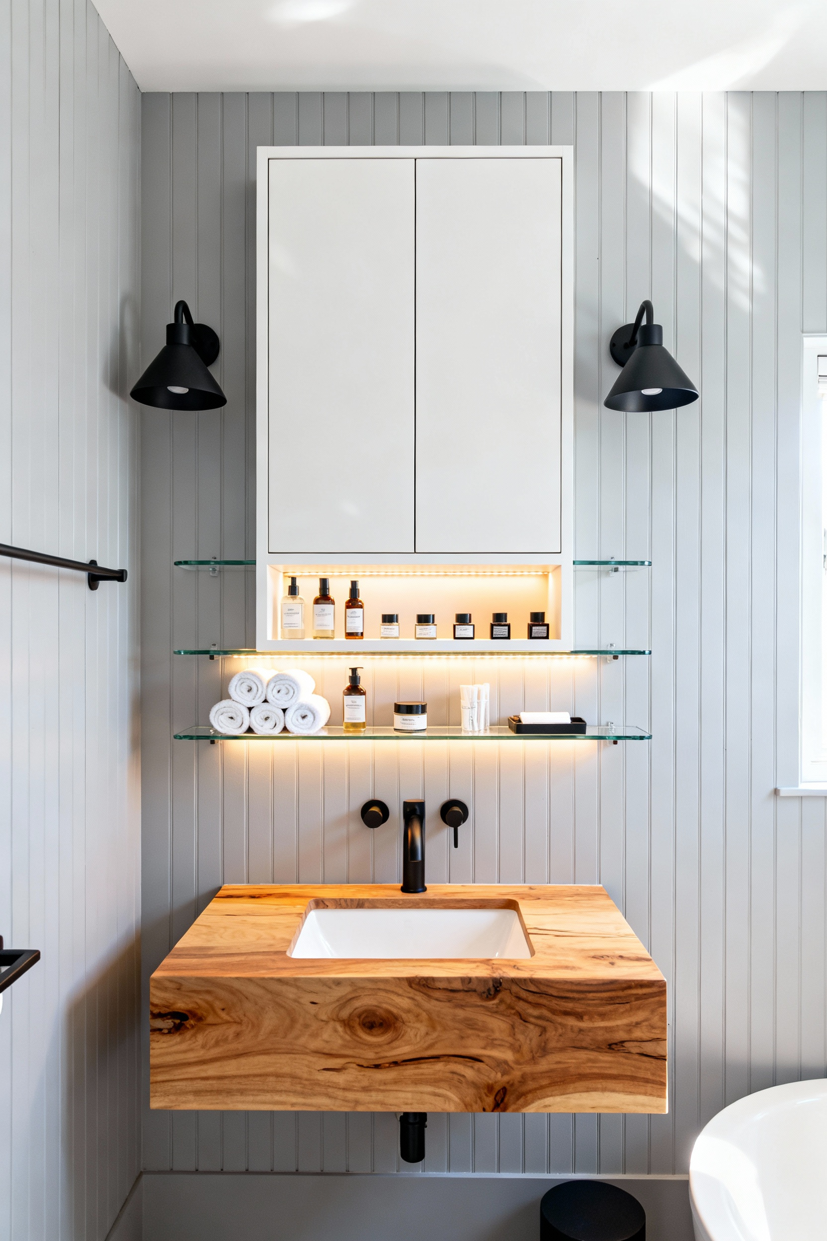 A beautifully organized small bathroom featuring custom recessed shelving built into the wall cavity above a floating vanity for zero-footprint storage of toiletries.