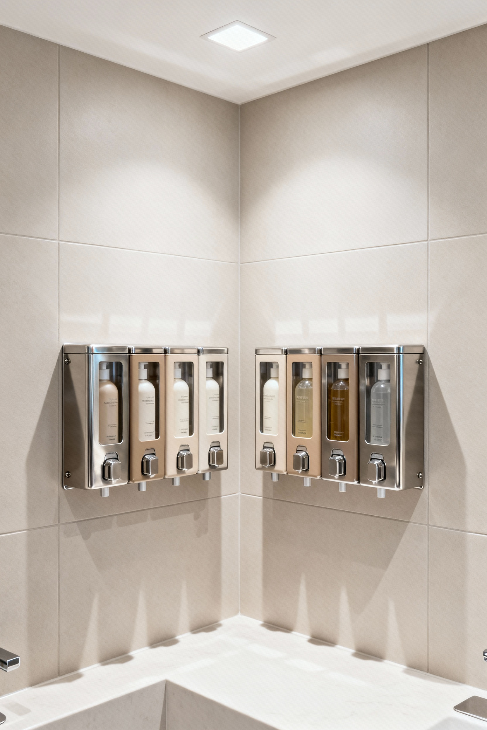 A pristine small bathroom shower featuring sleek stainless steel corner caddies holding minimal product bottles and modern wall-mounted dispensers, illustrating efficient shower storage.