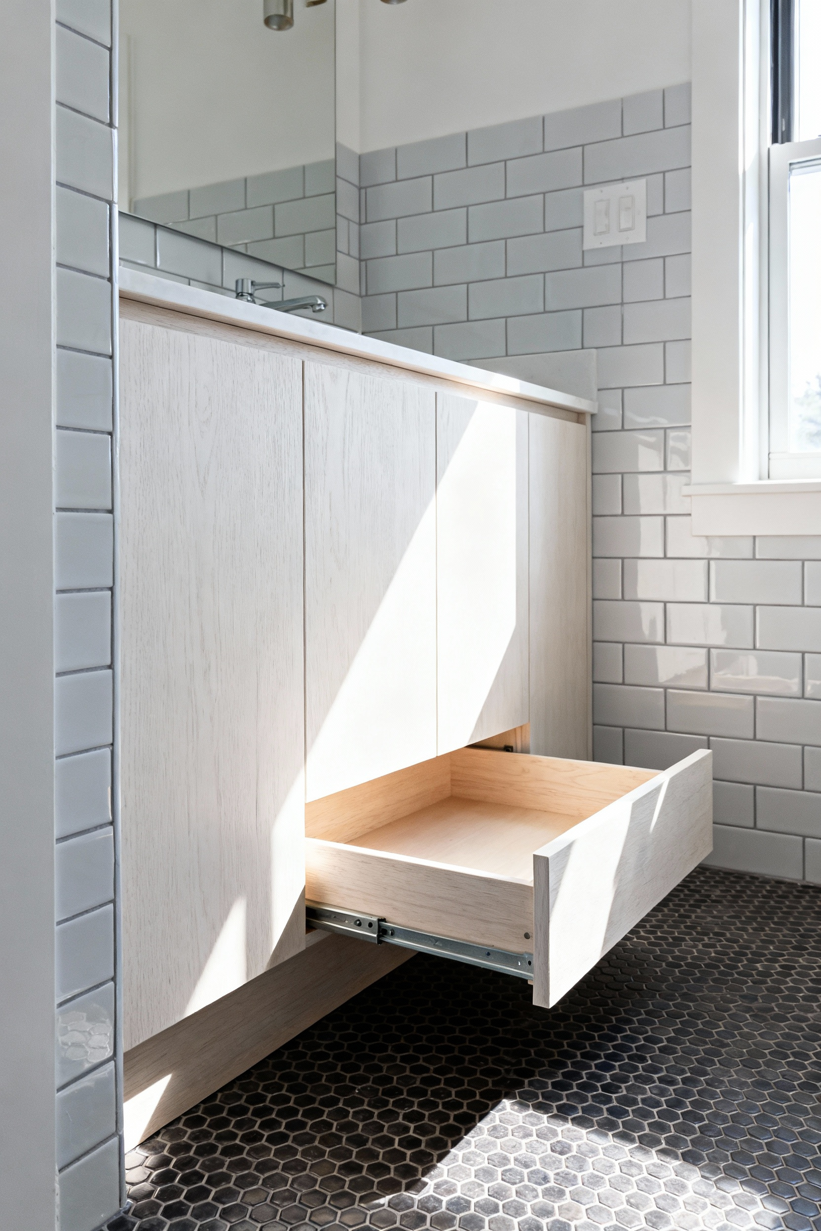A small, modern bathroom featuring a white oak vanity with a partially opened hidden toe-kick drawer integrated into the base for storing flat items, maximizing space in the small room.