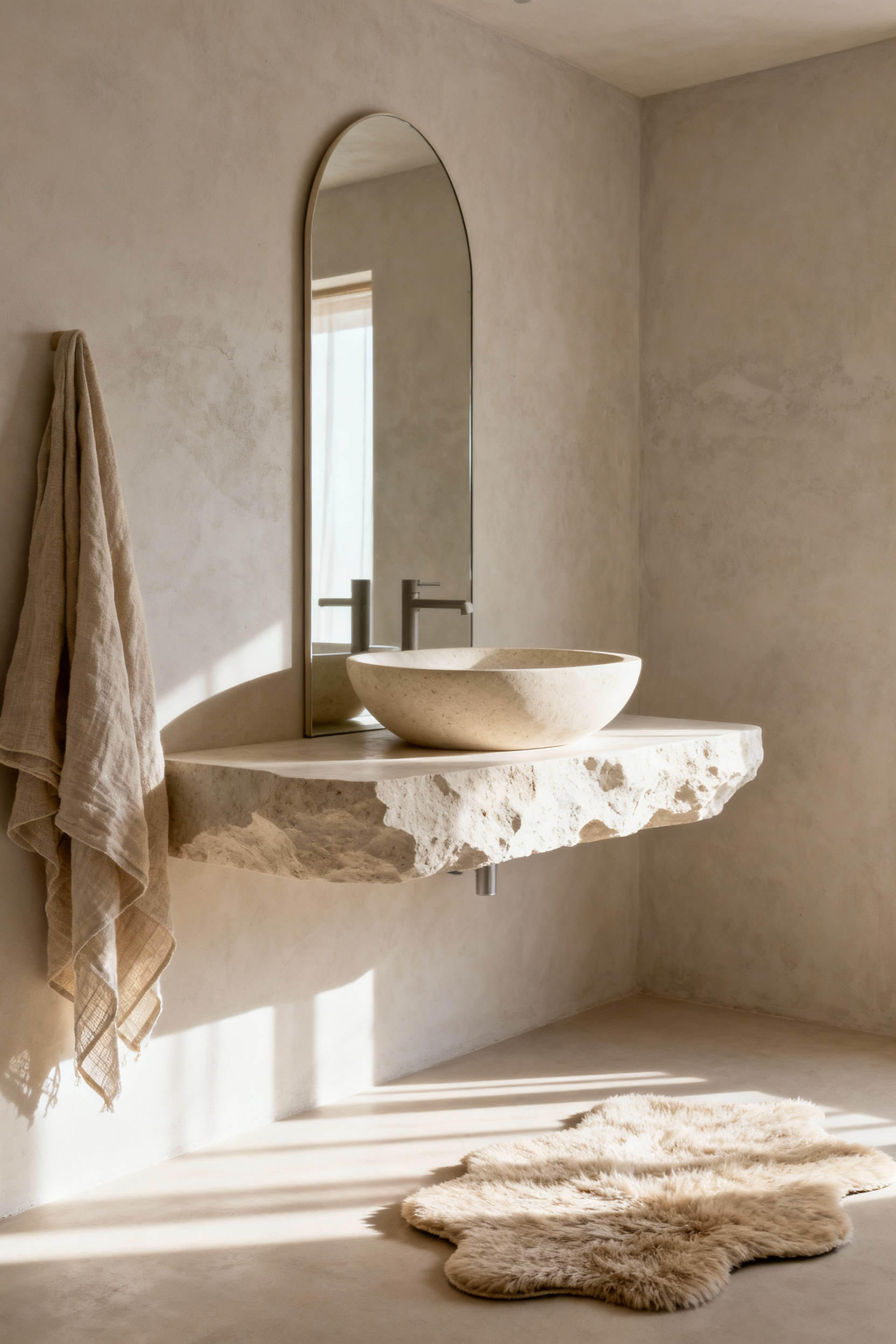 Full view of a luxury organic bathroom featuring an irregular travertine stone sink, arched mirror, and layered oatmeal linen textiles, demonstrating soft architectural principles.
