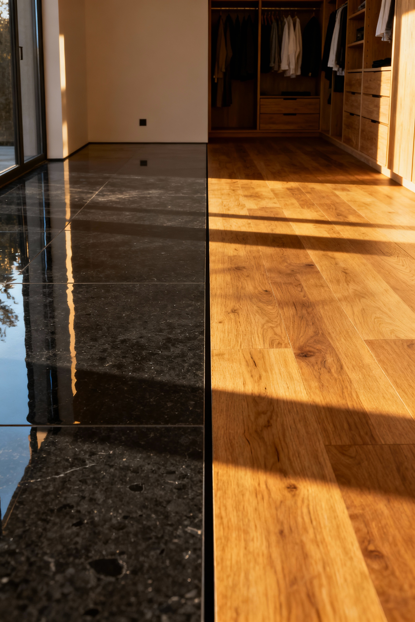 A photograph of a perfectly engineered floor transition where dark polished basalt stone meets light natural oak wood planks, illustrating the precise technical gap required between dissimilar flooring materials in a luxury home.