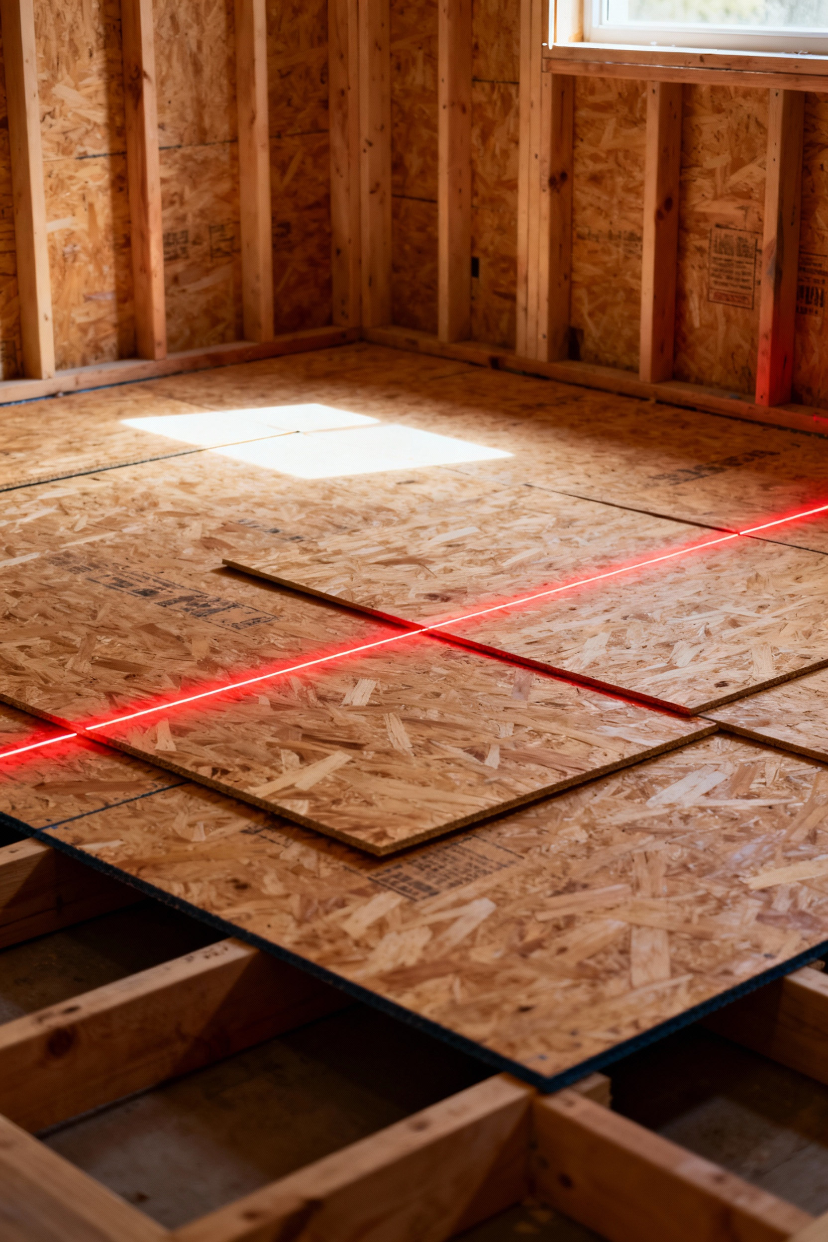 A photograph showing the structurally reinforced wooden subfloor and framework of a bathroom during the initial construction phase, highlighting the absolute levelness required for tiling longevity.