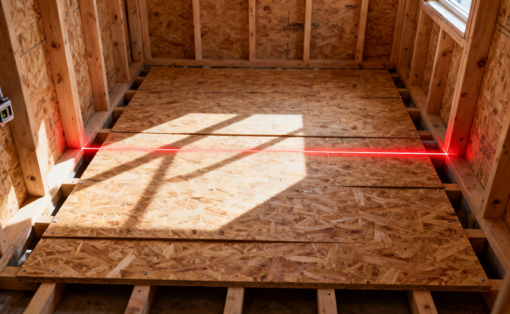 A photograph showing the structurally reinforced wooden subfloor and framework of a bathroom during the initial construction phase, highlighting the absolute levelness required for tiling longevity.