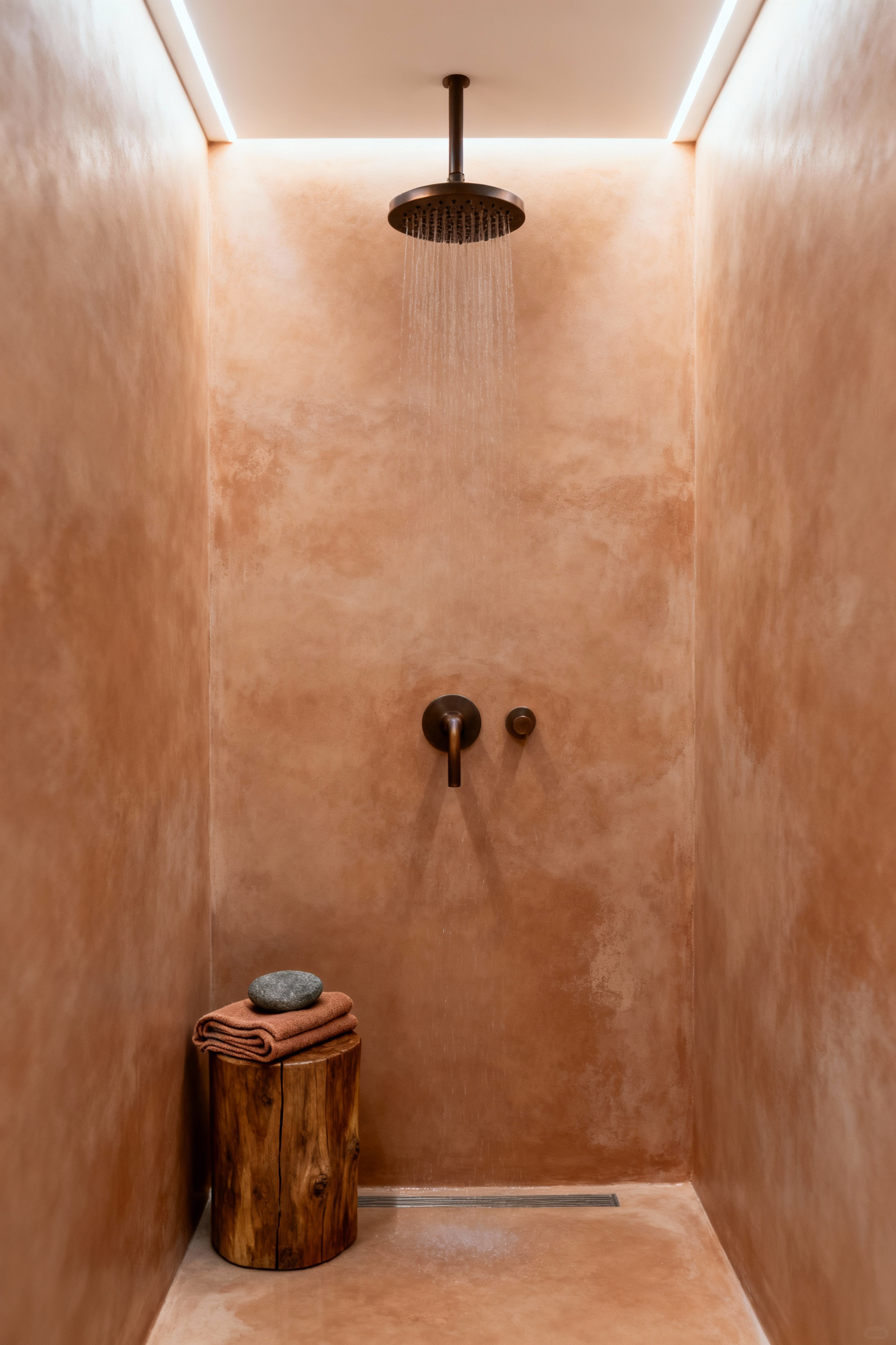 Seamless wet room shower walls coated in warm terracotta Tadelakt plaster, highlighting the waterproof, monolithic surface and spa-like atmosphere.