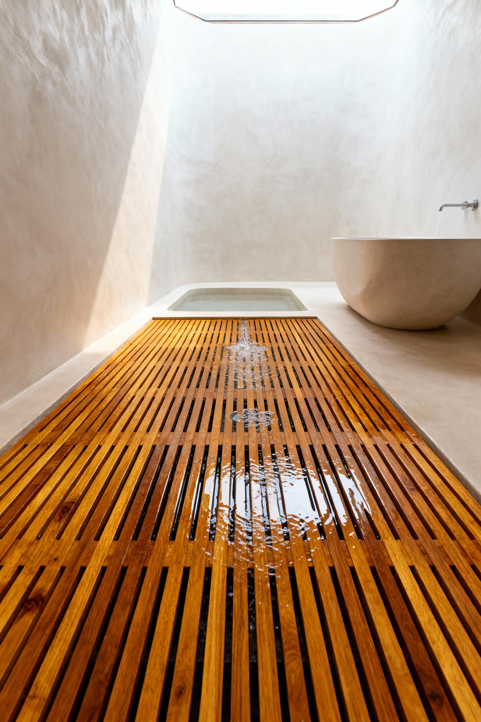 Detailed view of luxury slatted teak flooring in a residential bathroom, showing water actively draining through the gaps for superior moisture control and a spa aesthetic.